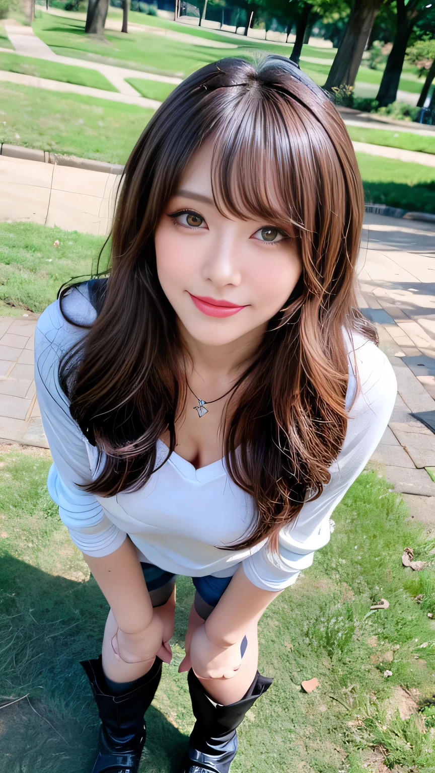 ((Full Body Angle:1.１)),((highest quality, 8K, masterpiece: 1.3)), concentrated: 1.2,Front hair:1.3, Cute girl 1,Nipples erect、 Perfect beauty: 1.4,Long sleeve t-shirt and camisole top、Bodycon mini skirt with diagonal design: 1.2,Randall Color、comics＆Text Graphics、Black,1.1, Highly detailed face and skin textures, Fine grain, double eyelid, whitening skin, ,highest quality,Ultra-high resolution,you,1 girl,alone,_Shiny_skin,Iris,necklace,((Brown_length_Wavy_hair)),(lips)),eyelash,Front hair,deal with,compensate,Shiny,pore,skin texture,Large Breasts、smiling face、Walking in the park、(Front hair)、The hair is wet、from below