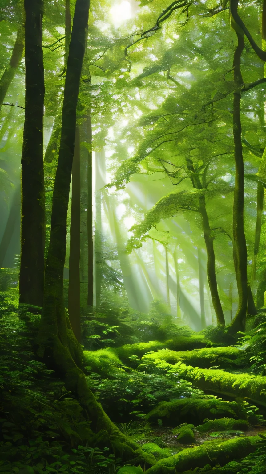 In an enthralling cinematic tableau, a dense and opulent woodland unfolds, brimming with exquisite detail. The lush foliage forms a thick, enigmatic canopy, offering a cathedral of emerald green where dappled sunlight gracefully dances, casting intricate shadows and illuminating the forest floor adorned with moss. The humid, earthy air resonates with the rich scent of decaying leaves and verdant growth. Sunlight, filtering through the verdant canopy, plays a symphony of light and shadow that accentuates the intricate textures of the leaves, branches, and tree trunks, creating a mesmerizing tap