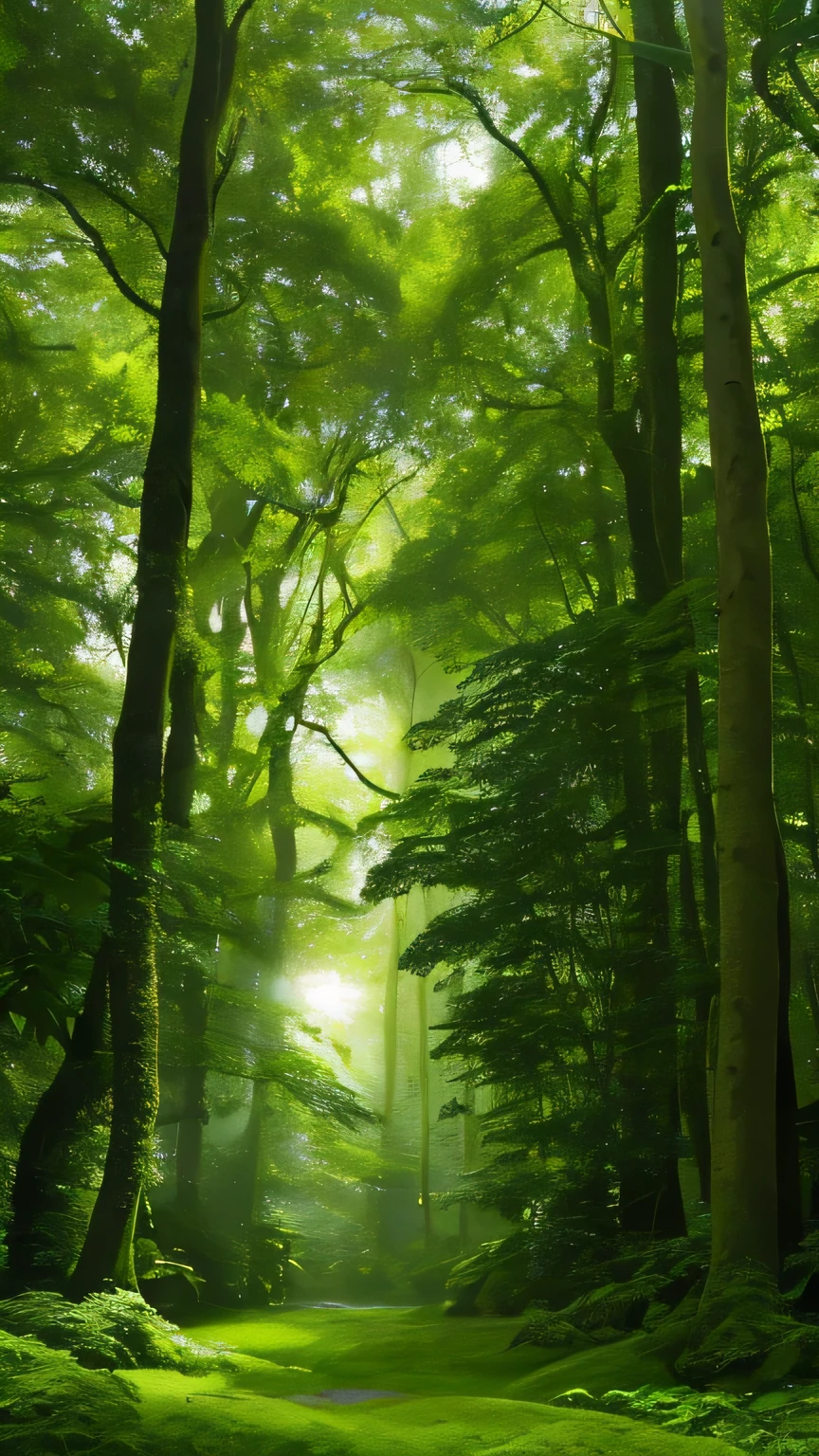 In an enthralling cinematic tableau, a dense and opulent woodland unfolds, brimming with exquisite detail. The lush foliage forms a thick, enigmatic canopy, offering a cathedral of emerald green where dappled sunlight gracefully dances, casting intricate shadows and illuminating the forest floor adorned with moss. The humid, earthy air resonates with the rich scent of decaying leaves and verdant growth. Sunlight, filtering through the verdant canopy, plays a symphony of light and shadow that accentuates the intricate textures of the leaves, branches, and tree trunks, creating a mesmerizing tap