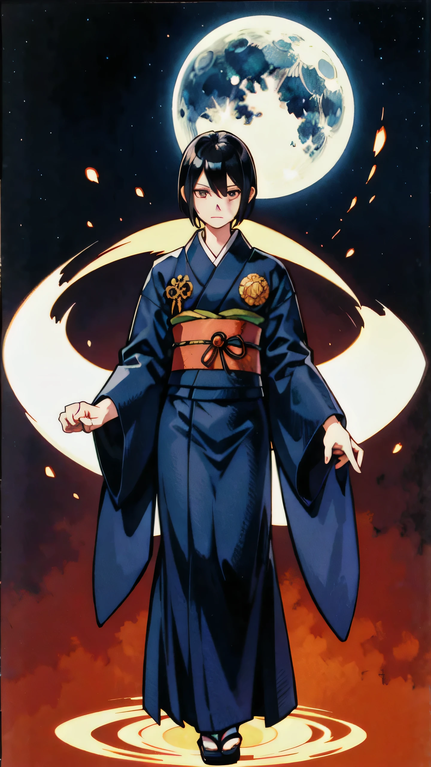 Tsukuyomi. A god in Japanese mythology. A shining sun in the background. Short black hair. Navy blue kimono. Enveloped in moonlight.