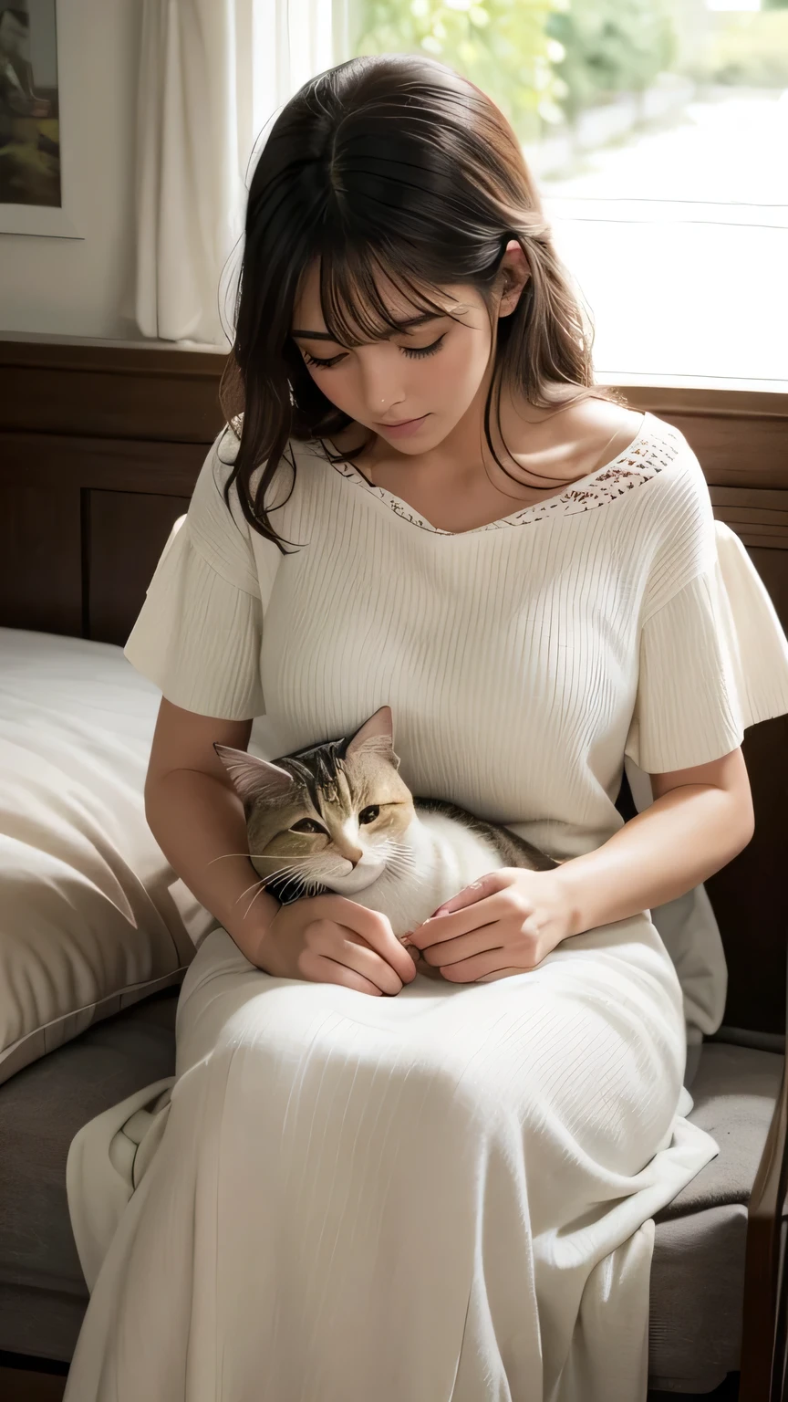 a woman in her 20s, sleeping cat on her lap, detailed face, beautiful detailed eyes,beautiful detailed lips, extremely detailed eyes and face, long eyelashes, serene expression, playing with cat, indoor scene, natural lighting, photorealistic, 8k, highly detailed, masterpiece, cinematic lighting, warm color tones, soft pastel colors, realistic textures, cozy and peaceful atmosphere