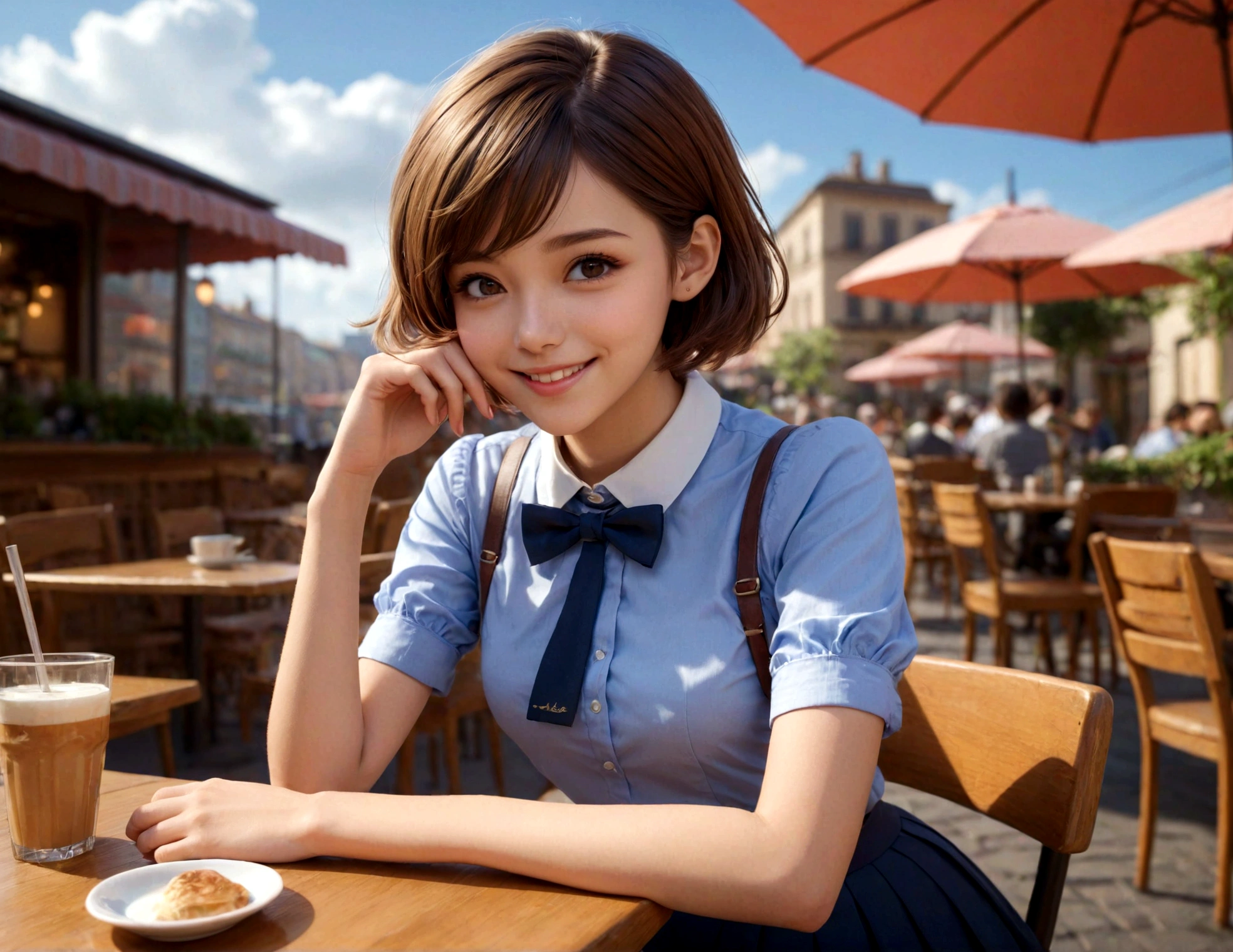masterpiece, Highest quality, High resolution, Very detailed, Detailed Background, Cinema Lighting, One Girl, uniform、Run, whole body, Day, Day光, Outdoor、very cute and beautiful girl,Teen,(Very detailed美しい顔),(smile),Happy,(Micro Mini Skirt:1.2),((Cleavage、Thin thighs))、(((Fluttering skirt))) Dynamic pose,Black Hair,Shopping Street,Town Square, (Highest quality,masterpiece:1.2),High resolution,Very detailedな,Very detailed,32K,8k resolution, Intricate details,Movie-like scene,Detailed Background,alone,Dynamic Angle, Hair blowing in the wind,Beautiful and detailed sky、(((yuigahamayui, short hair, Single hair bun, Red eyes, Small Head, clavicle、Large Breasts、明るいsmile、Greet by holding your right hand next to your face、Hair color is light brown)))