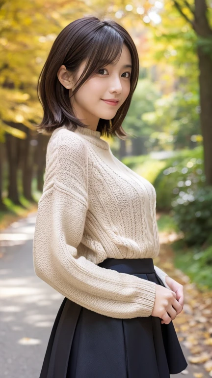 highest quality、8k wallpaper、Reality:1.4、Photographed in natural light、View your viewers、background:Autumnal Forest、1 beautiful girl、Japanese Idol、23 years old、Beautifully detailed eyes、Detailed face、Beautiful Skin、Slender、Slim waist、Thin legs、Fancy hairstyle:1.8、Random hair color、Light Hair、Asymmetrical bangini skirt、tops:Knitted sweater 、smile:1.5、Seductive pose