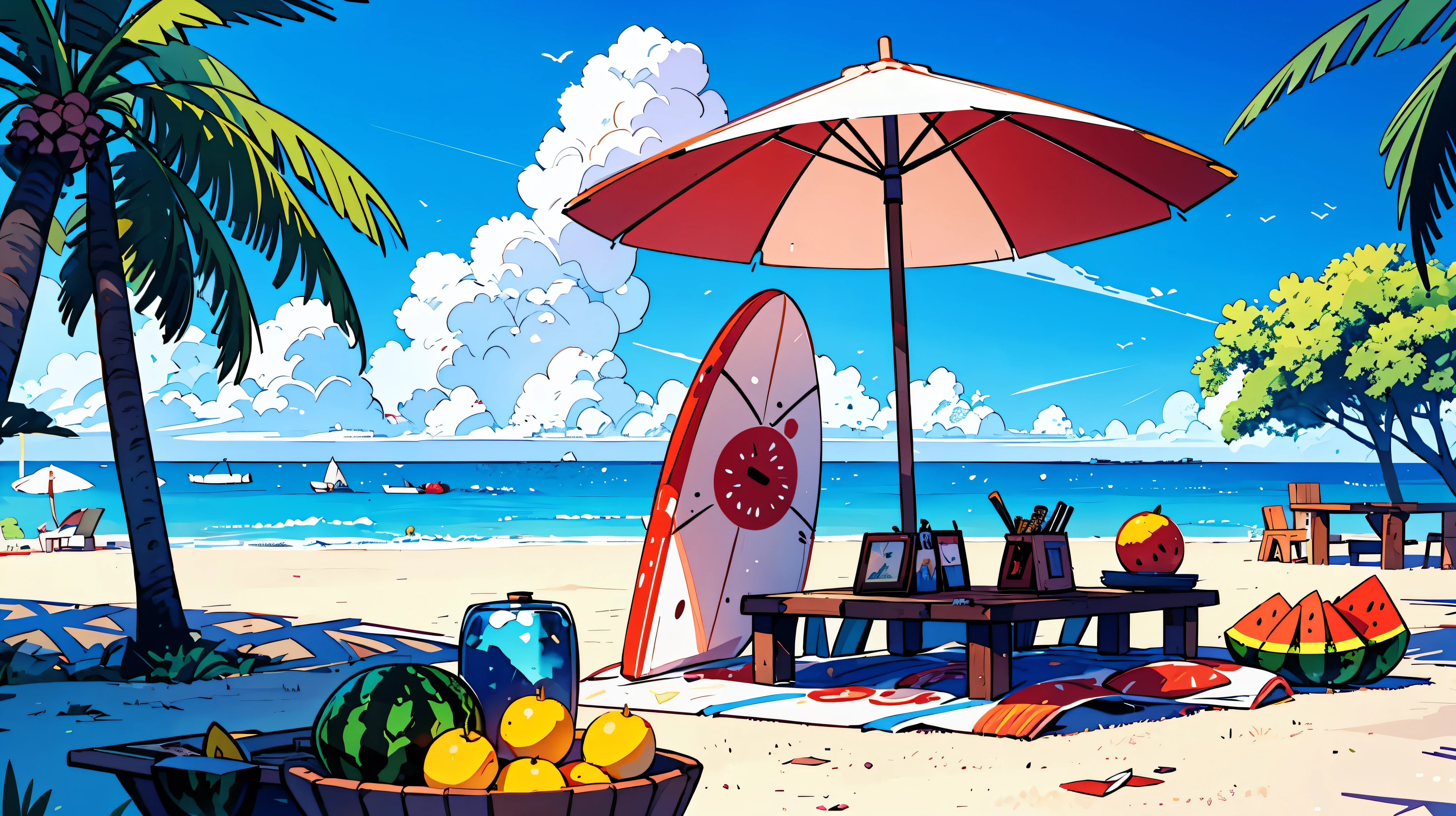 Clear summer skies,In the distance is the blue sea. Parasols,surfboard,Swimming ring,watermelon,lemon,orange,Grape,3D letter &#39;SUMMER&#39;,Hand-drawn style,children illustration,flat illustration,masterpiece,best quality,No characters,