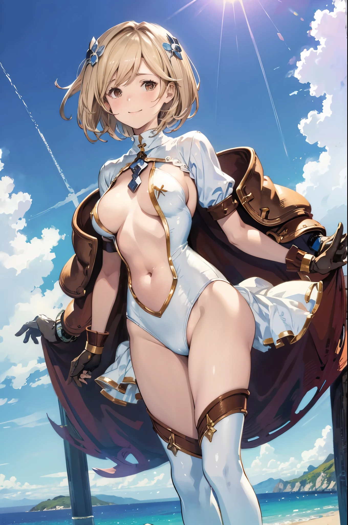 GRANBLUEfantasy,1ung_tegirl,brown_hair,medium_bob_hair,platina_blond_hair,white_leotard,covered_nipples,thigh,huge_smile,standing,bluesky_background,slightly_spread_legs,happiness, short_gloves ,solo, navel,relicbuster,shorts_over_leotard,boots,