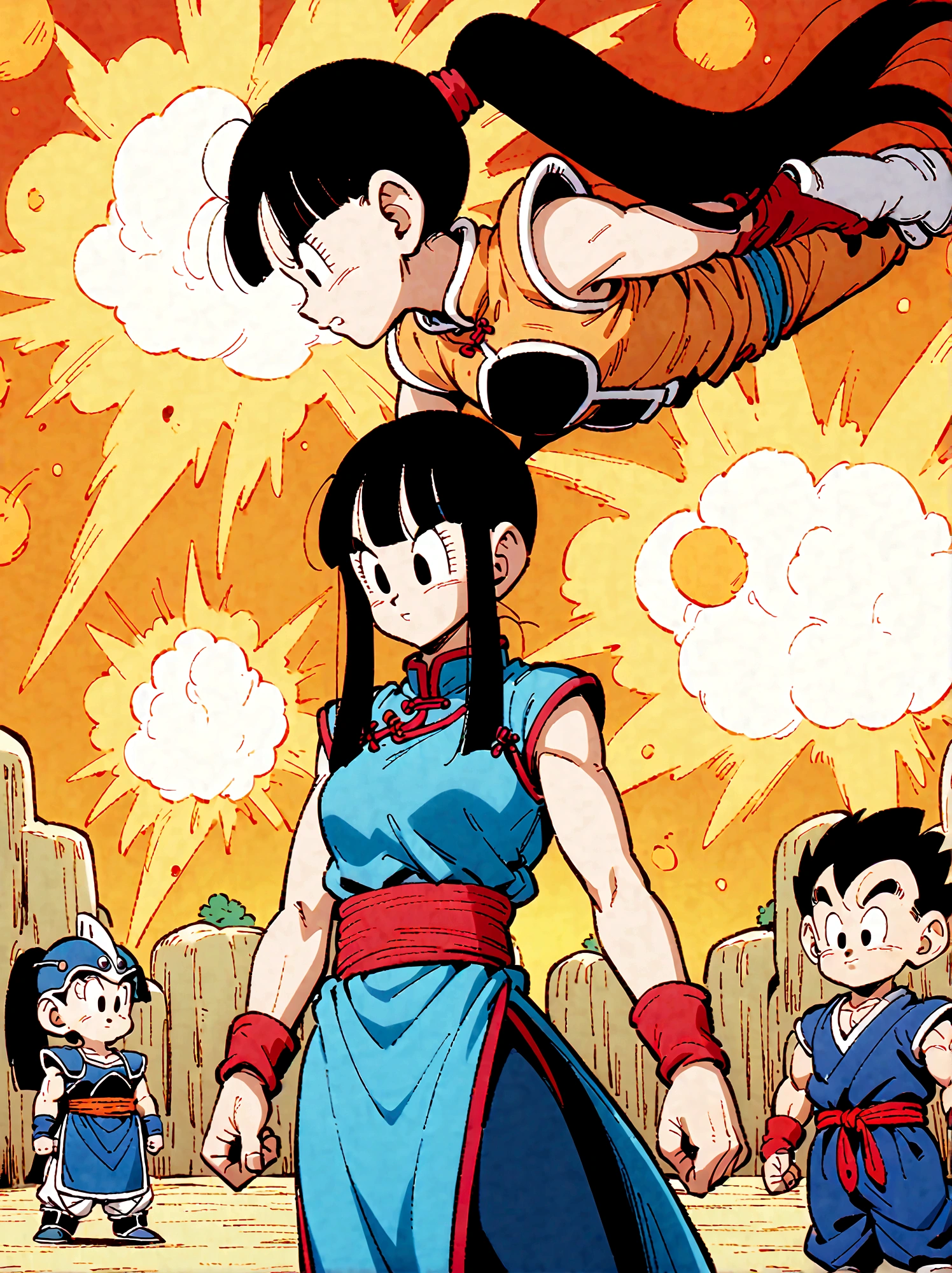 Dragon Ball, chi chi, black eyes, black hair, long hair, hime cut, blunt bangs, sidelocks, armor, bikini armor, cape, collarbone, gloves, helmet, navel, pauldrons, shoulder armor, cleavage, bare arms, blue dress, china dress, chinese clothes, dress, high collar, obi, pants, ponytail, red pants, red sash, red wristband, sash, side slit, sleeveless, sleeveless dress, wristband，Looking at the audience，Dynamic poses，fighting，Explosion，Explosion Background，Martial arts tournament background