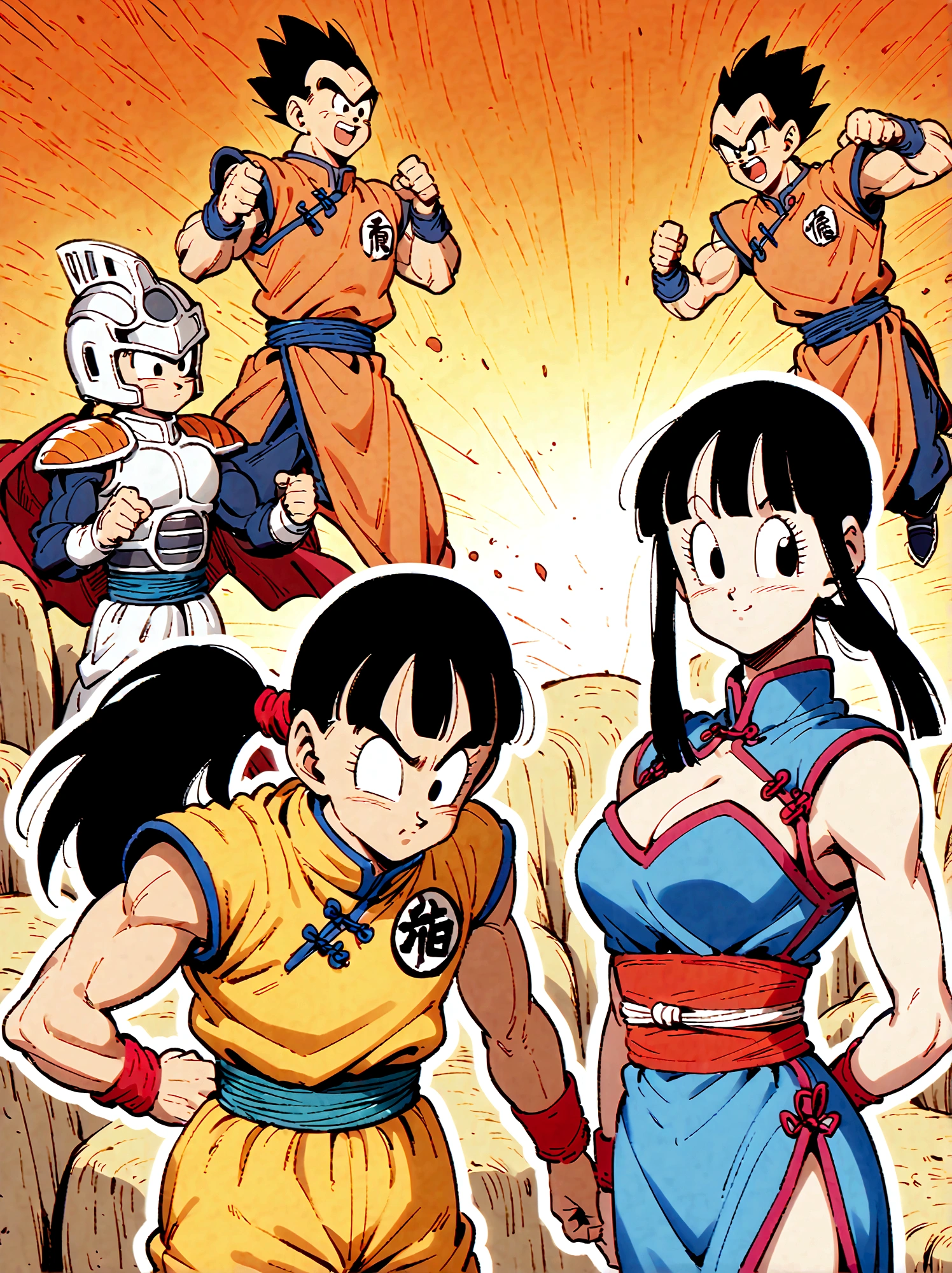 Dragon Ball, chi chi, black eyes, black hair, long hair, hime cut, blunt bangs, sidelocks, armor, bikini armor, cape, collarbone, gloves, helmet, navel, pauldrons, shoulder armor, cleavage, bare arms, blue dress, china dress, chinese clothes, dress, high collar, obi, pants, ponytail, red pants, red sash, red wristband, sash, side slit, sleeveless, sleeveless dress, wristband，Looking at the audience，Dynamic poses，fighting，Explosion，Explosion Background，Martial arts tournament background