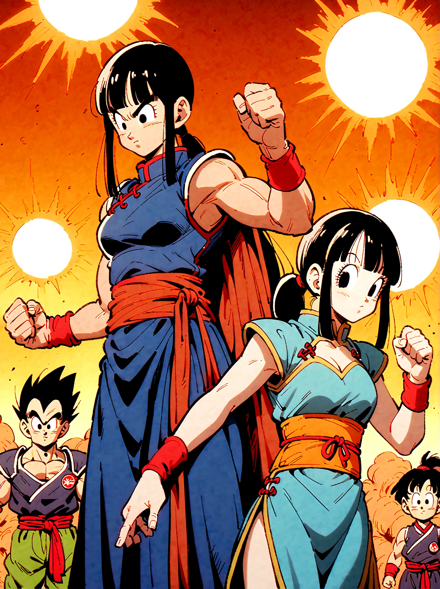 Dragon Ball, chi chi, black eyes, black hair, long hair, hime cut, blunt bangs, sidelocks, armor, bikini armor, cape, collarbone, gloves, helmet, navel, pauldrons, shoulder armor, cleavage, bare arms, blue dress, china dress, chinese clothes, dress, high collar, obi, pants, ponytail, red pants, red sash, red wristband, sash, side slit, sleeveless, sleeveless dress, wristband，Looking at the audience，Dynamic poses，fighting，Explosion，Explosion Background，Martial arts tournament background