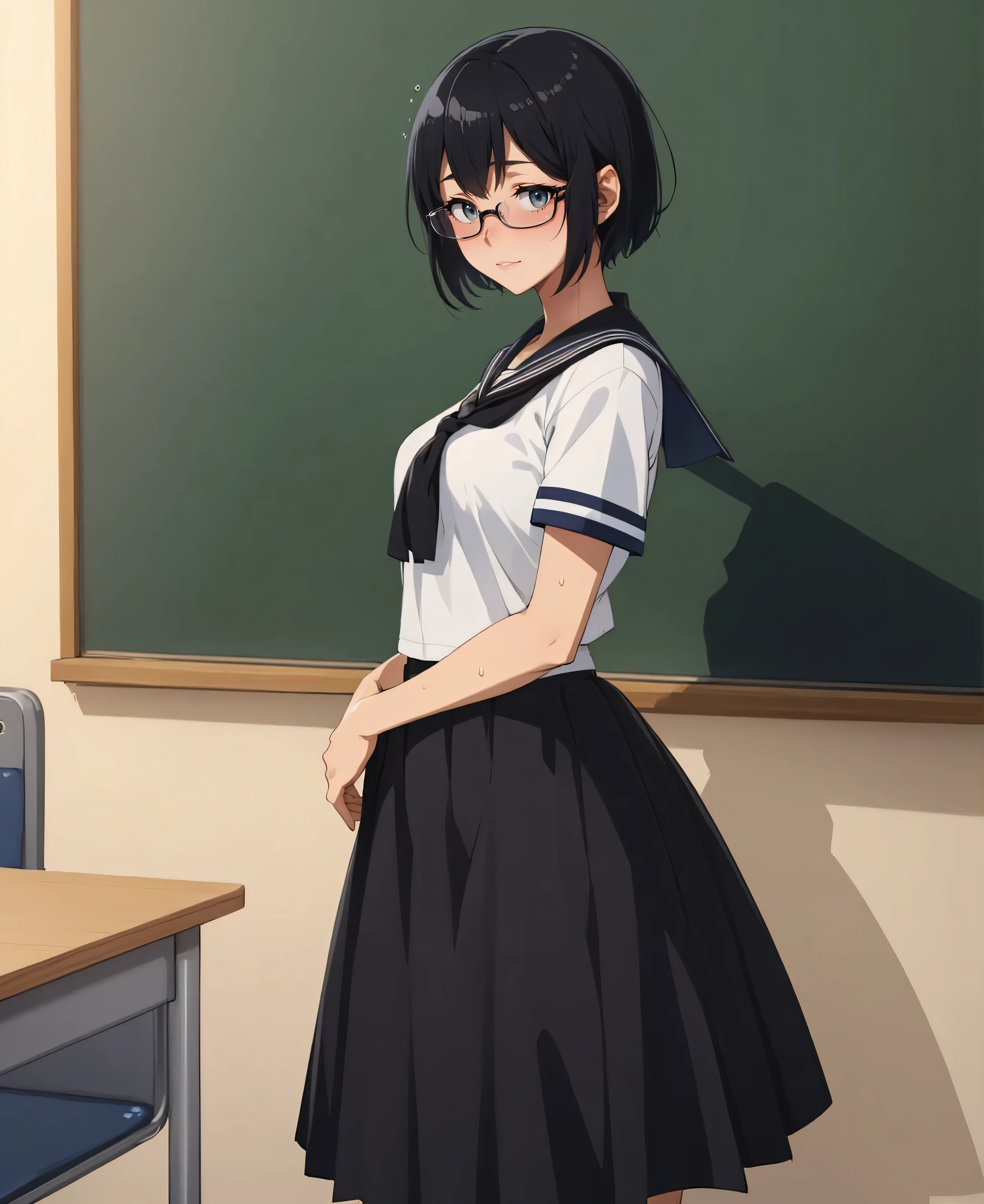 , 8 years old, toddler, fl black hairshort bob, glasses, purple eyes, embarrassed expression（One person）） A plain white short-sleeved sailor suit　Navy blue mini skirt　（（I can see her panties））　School classroom　Facing backwards with hands on wall　Turn your ass towards me　 Dynamic Angle　Low angle from directly below