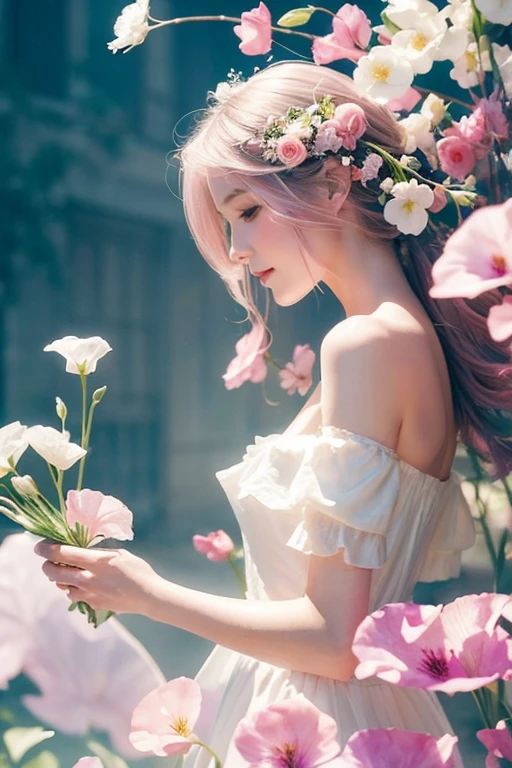 One girl,flower, Lisianthus ,Pale pinkと淡い青のスタイル, A dreamy, romantic piece, Pale pink,A playful arrangement,Fantasy, White off-the-shoulder dress,Pink Long Hair,Abstract, ((Watercolours by John Berkey and Jeremy Mann )) Brush strokes, Negative Space,
