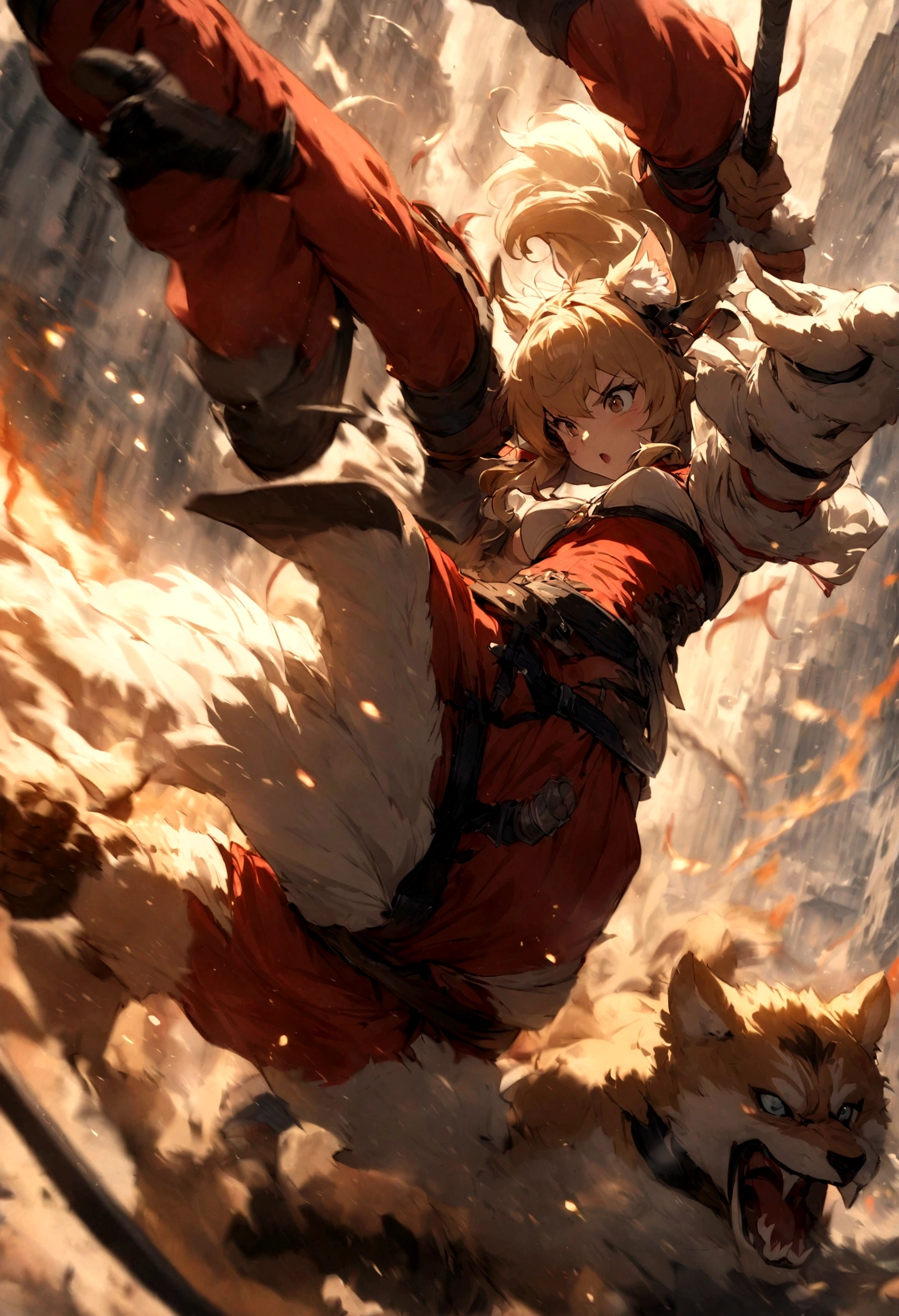 top quality, high-quality illustrations((masterpiece))depth of field, motion blur, absurdres, Perfect Anatomy, magnificent picture of kemono fighting fierce battles, kemono, Anthro((dramatic))epic, weapon, Acrobat, One scene of movie,