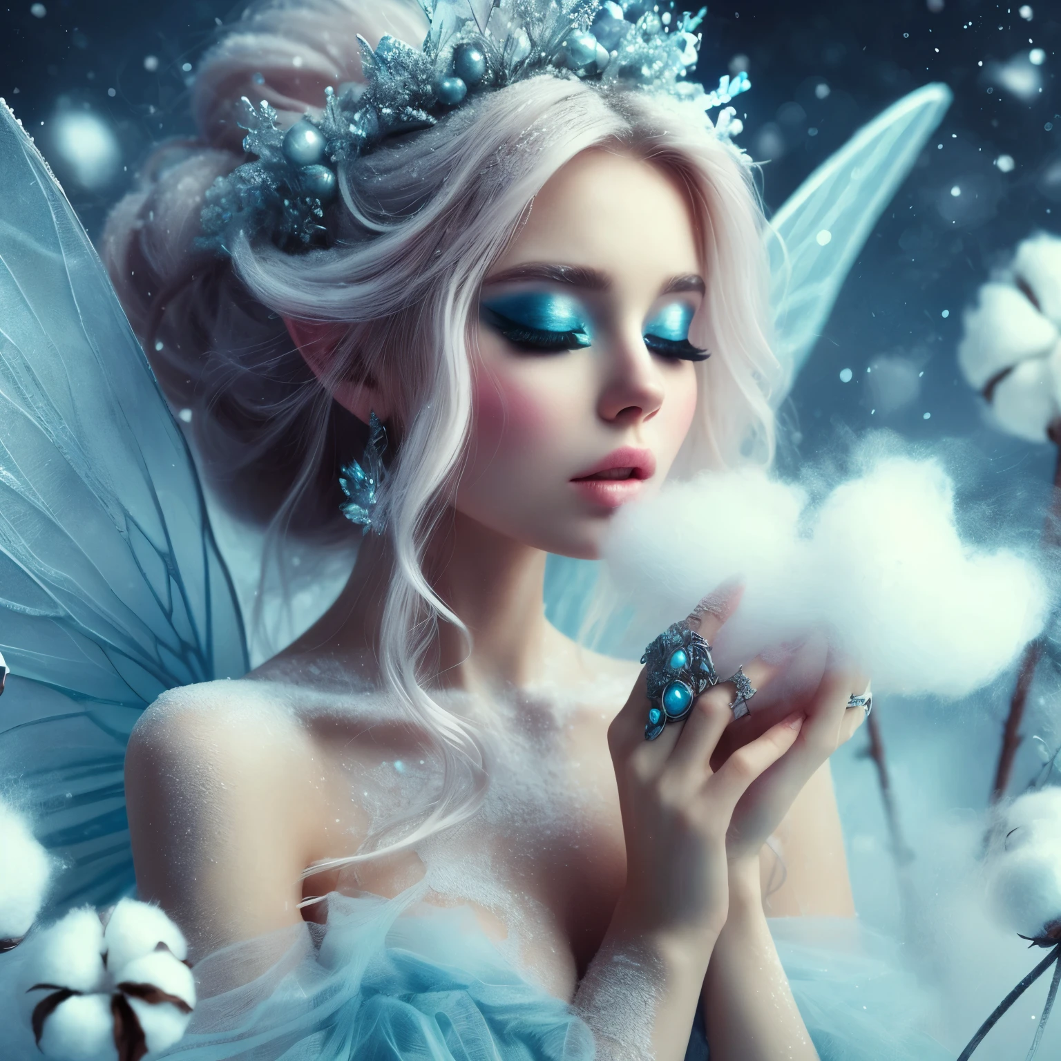 Fairy princess, snow, ice, icy breath, mist breath, cotton, ice blue, rings, skin, fantasy art style, 8k resolution