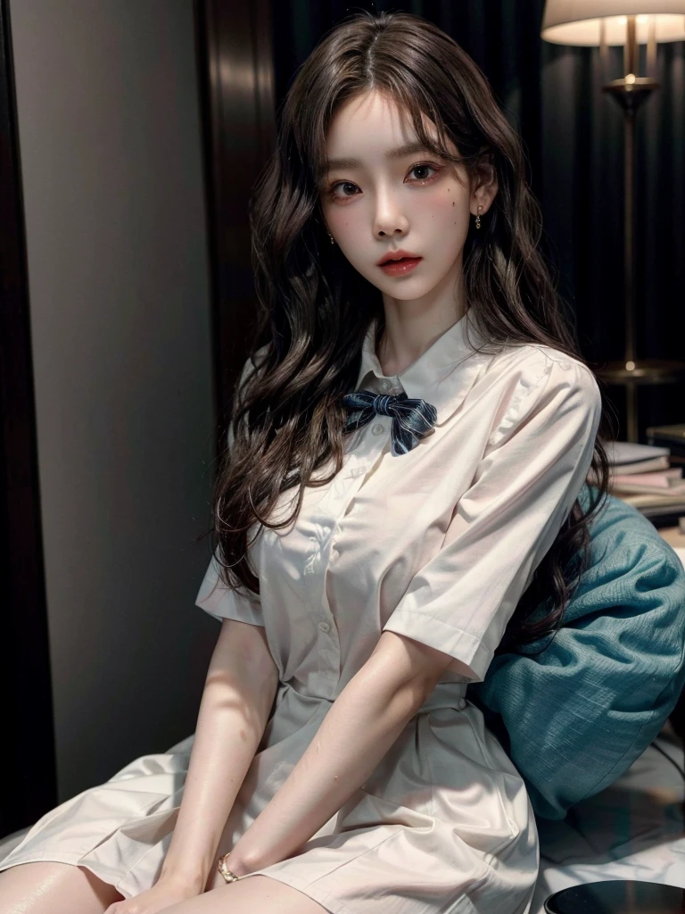 absurdres, RAW photo, extremely delicate and beautiful, masterpiece, Best Quality, ultra high resolution, 32k, hyperrealistic, ultra-detailed, perfect anatomy, perfect figure, Perfect skin, super Detailed skin, muted coral blush, Closed mouth, 20 years old, very Slim body, narrow waist, very small head, very small face, delicate facial features, tearful mole, earring, thin legs, bare legs, (((very huge round breasts))), short medium hair, brown braid hair, ((wavy hair)), wet white shirt, pleated skirt, ((collared dress shirt)), hotel at night,(1girl:1.5), (Anatomically correct),