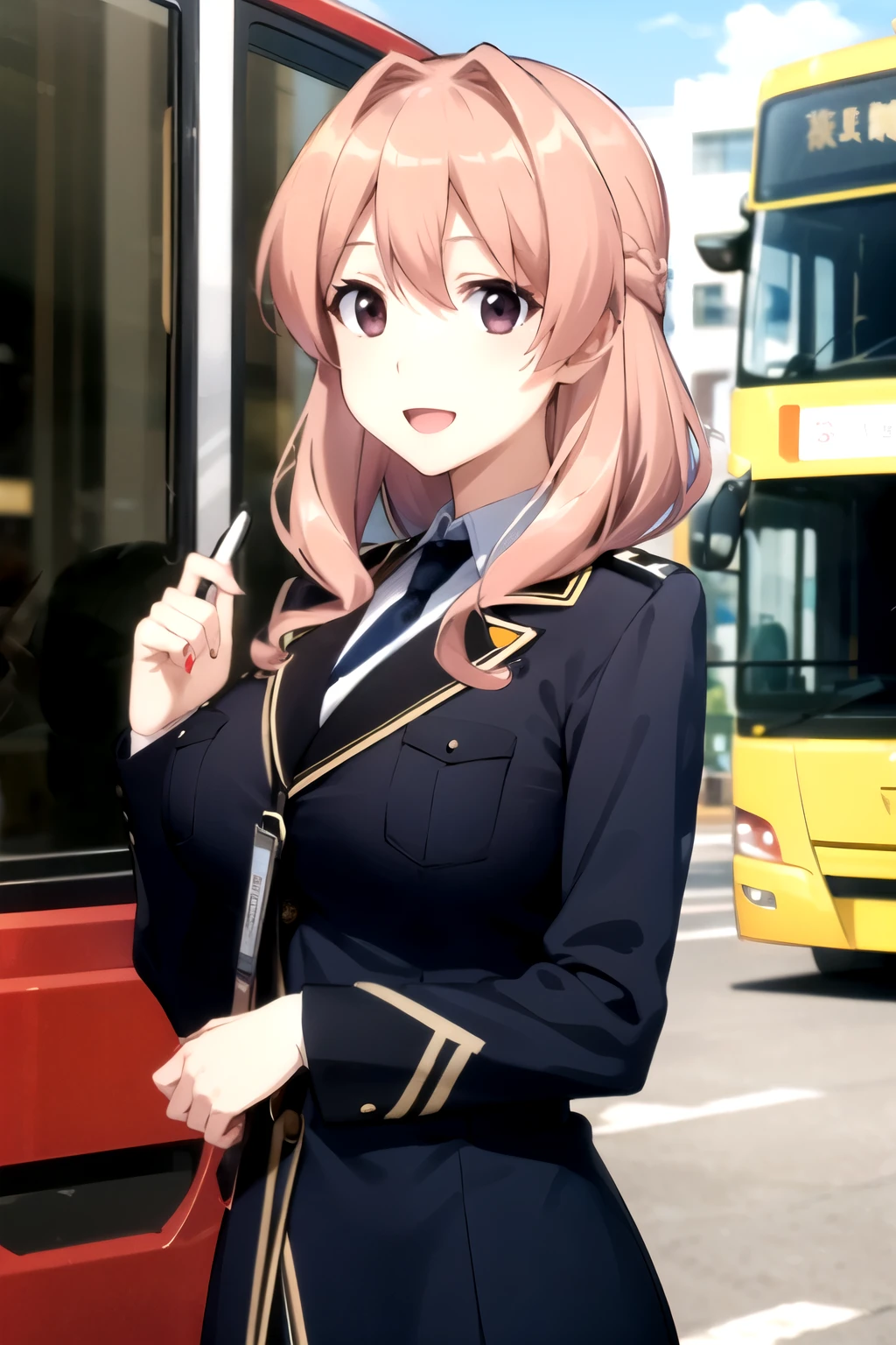 best quality, masterpiece, highly detailed,
 koumi haruka rw,Bus guide is open mouth, smile,
Black eyes, black hair, Hair tied up, large breasts、Navy blue uniform、
Tourist bus background、Welcome guests、bowing、