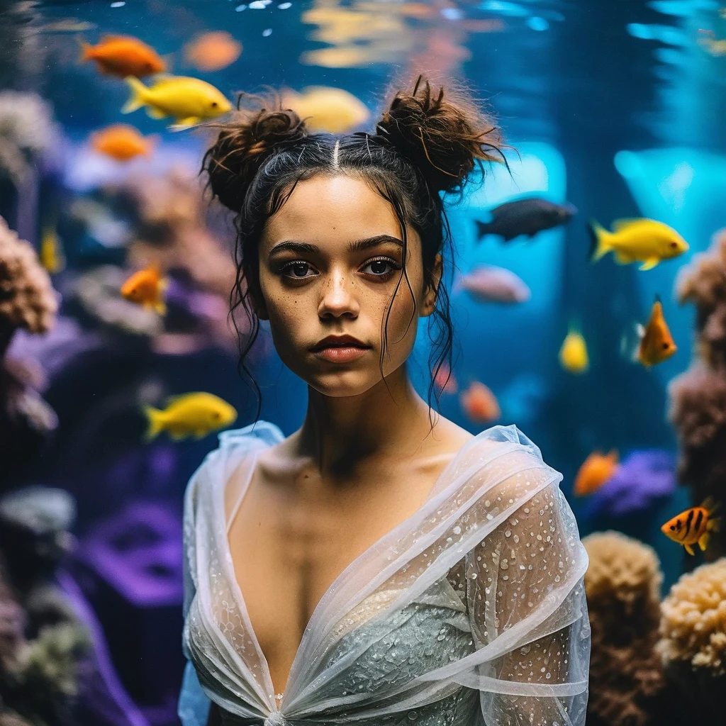 professional fashion close-up portrait photography of a young beautiful ((ohwx woman)) at aquarium during Evening, Nikon Z9