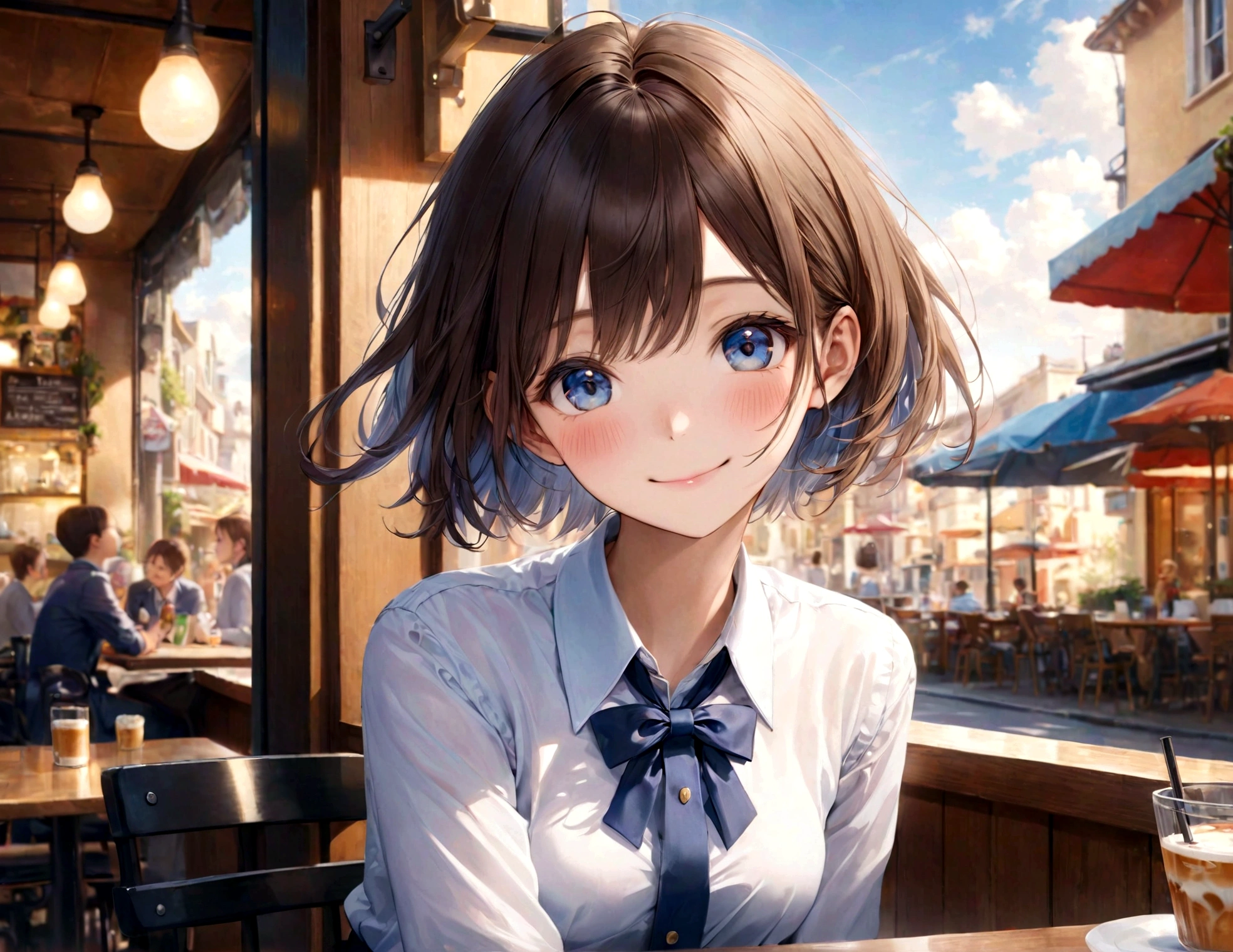 RAW photo, best quality, masterpiece, realistic, photo-realistic, ultra-detailed, depth of field, 1 girl, cute, solo, beautiful detailed sky, detailed cafe, morning, sitting, dating, nose blush, smile, closed mouth, medium breasts, beautiful detailed eyes, collared shirt, bowtie, pleated skirt, short hair, floating hair