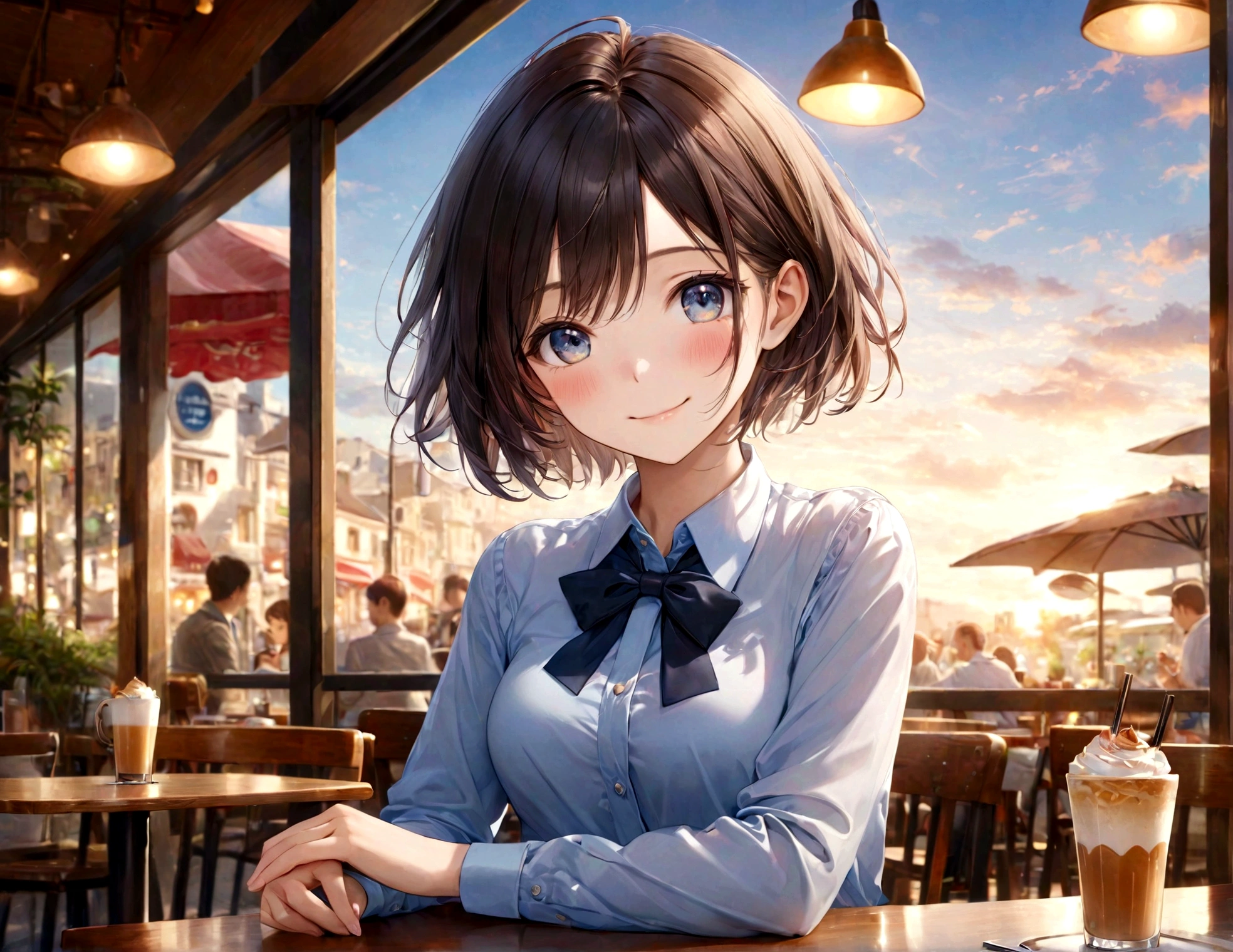 RAW photo, best quality, masterpiece, realistic, photo-realistic, ultra-detailed, depth of field, 1 girl, cute, solo, beautiful detailed sky, detailed cafe, morning, sitting, dating, nose blush, smile, closed mouth, medium breasts, beautiful detailed eyes, collared shirt, bowtie, pleated skirt, short hair, floating hair