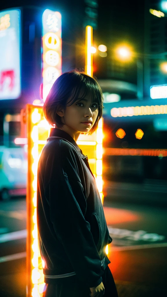 Masterpiece, (best quality:1.4), ultra high res, master photography, professional color grading, depth of fields, rule of third, 50mm, film grain, (photorealistic:1.4), cinematic lighting, chromatic abberation, 1girl, short hair, wearing oversized jacket, streetwear, hypebeast, detailed face, detailed eyes, squat, looking at viewer, front view, cowboy shot, Hong Kong street background, night, city light, blurry background, sfw