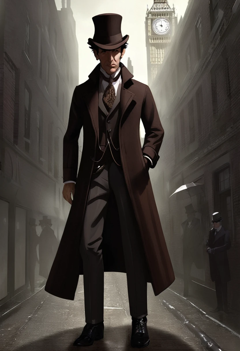 Sherlock Holmes, Victorian steampunk, top hat, long coat, detailed background, dark and smog street, low poly, palette knife art styleportrait, sherlock holmes,detective,brilliant mind,observant eyes,tweed coat,pipe,houndstooth hat,mysterious smile,vintage style,Victorian era,old London street,forensic science,crime-solving genius,solving puzzles,clues,deerstalker hat,intricate details,shadowy figure,dark atmosphere