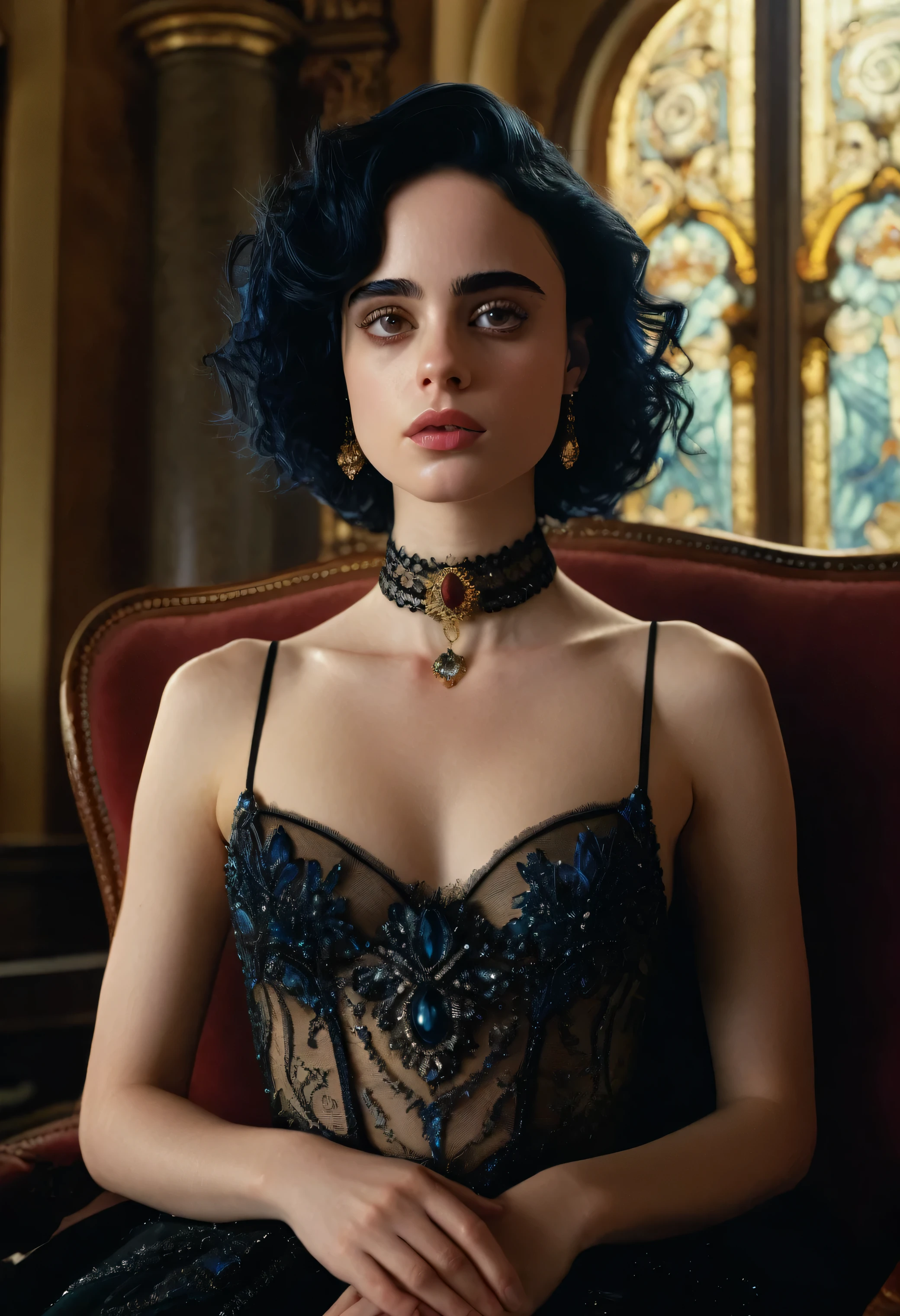 cinema art by Guillermo Arriaga and Xavier Dolan, krysten-ritter choker breasts vagina sitting, nonlinear storytelling, intense, gritty, Emotional, stylistic, coming-of-age narratives, dramatic, radiant, dynamic cinematic perfect background, enchanted, professional fine composition, dynamic dramatic atmosphere, cinematic perfect intricate stunning fine detail, elaborate