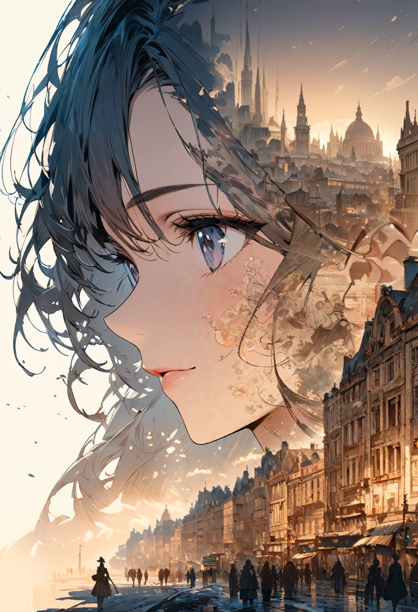    Double exposure of a beautiful and delicate lady(Face clear and perfect)Image，The backdrop is a hyper-detailed Victorian city perfect for, Beautifully, Intricate illustrations, art work concept art work masterpiece, best quality, Super detailed, HD