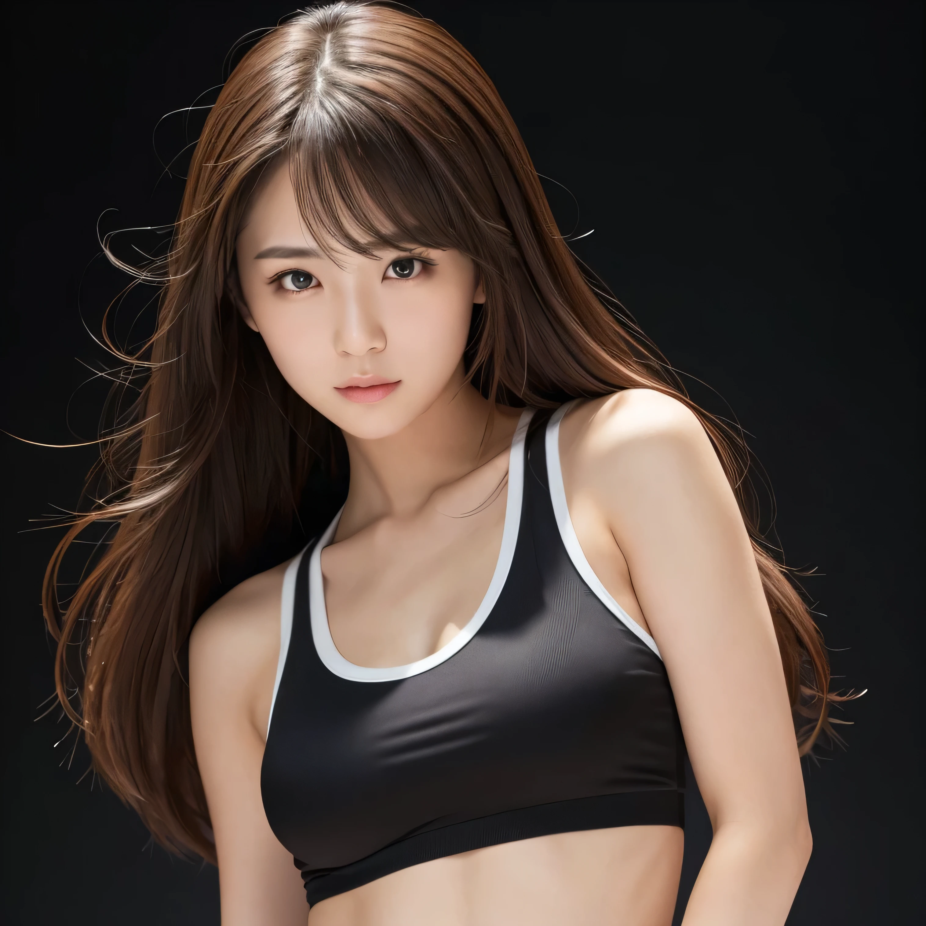 #Image output conditions
・Protagonist: Japanese, female, early 20s, beautiful, brown hair, sportswear with tight white tank top, good proportions.
・Portrait style, black background, high quality, high resolution, studio lighting
- Has a clean, confident atmosphere, looks directly at the camera, and seems to be provoking you. The gesture of combing her hair.