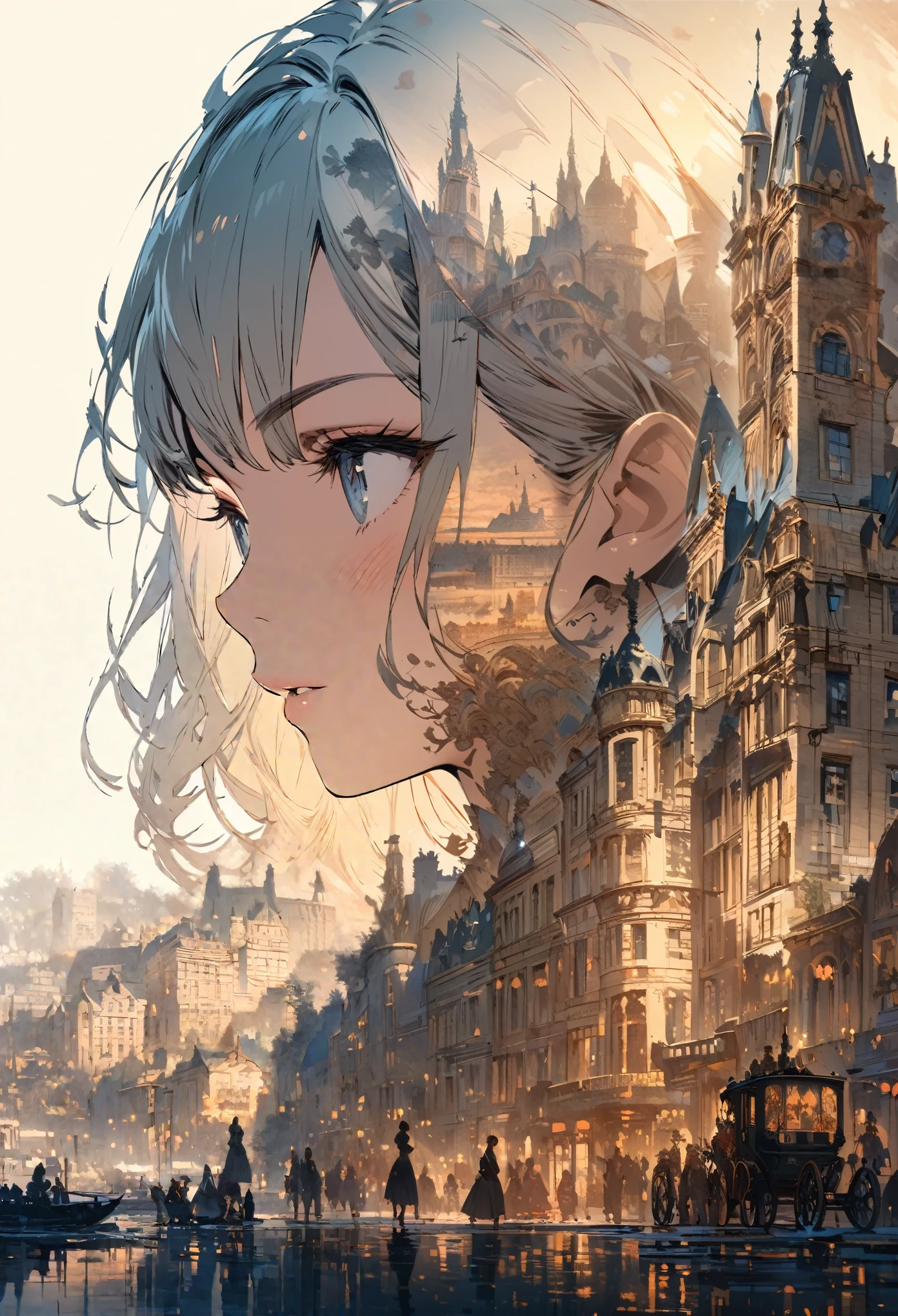    Double exposure of a beautiful and delicate lady(Face clear and perfect)Image，The backdrop is a hyper-detailed Victorian city perfect for, Beautifully, Intricate illustrations, art work concept art work masterpiece, best quality, Super detailed, HD