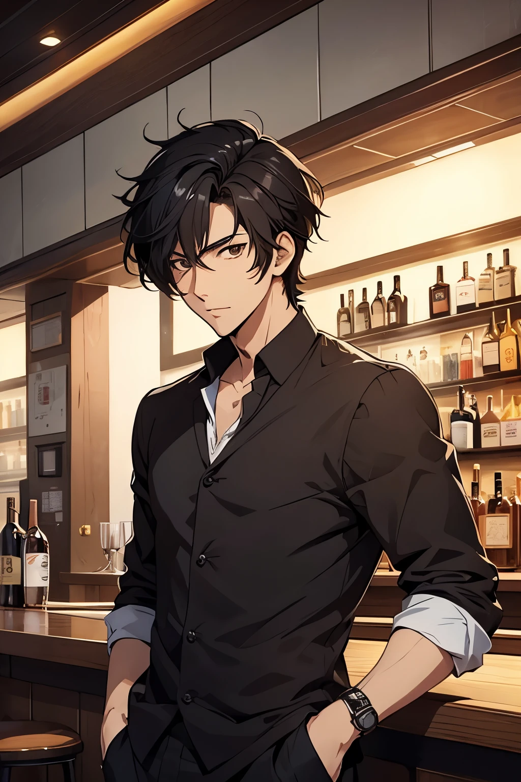 Anime-style illustrations、Short black hair、Brown eyes、Handsome Men、gentleman、Bar Master、bass、Chill out、