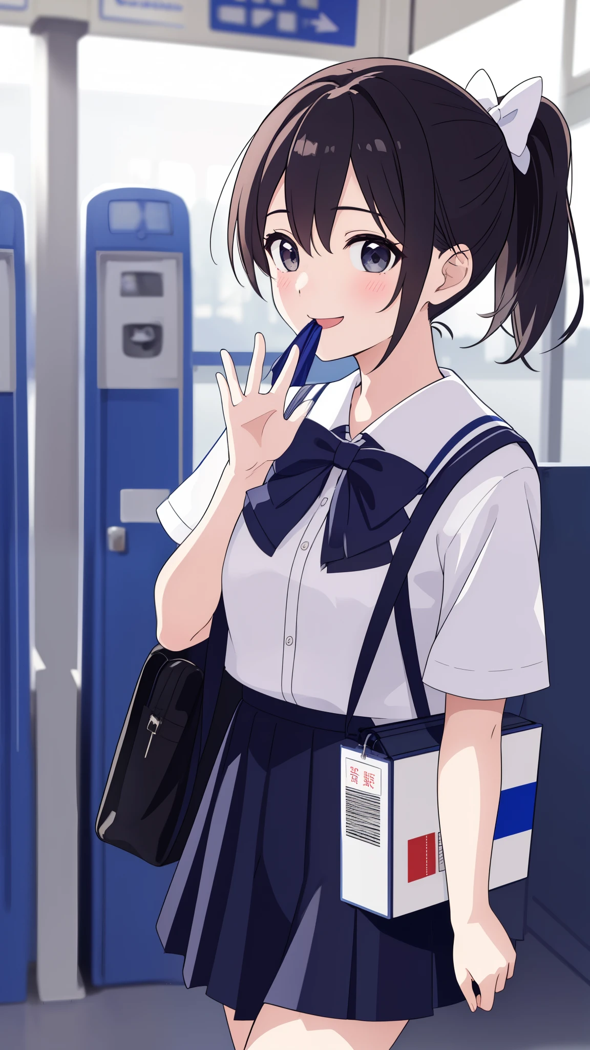 ultra-detailed,masterpiece,best quality,jcf, 1girl,,black ponytail,large bow,,shirt,skirt, Laughing with your mouth open、A little far away、Station ticket gates、Bye bye and waving、Evening view