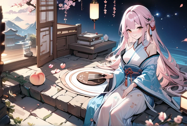 ((masterpiece, best quality)),illustration,Ultra detailed 8k,Reality,Clear focus,Very detailed,Professional lighting,Colorful Detailed,Cute and beautiful girl,Light pink long hair,Peach blossoms in full bloom,dream,Sit at a stone table,A smile,The Starry Sky,Holding an embroidered round fan,Ancient Chinese clothing
