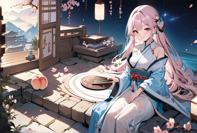 ((masterpiece, best quality)),illustration,Ultra detailed 8k,Reality,Clear focus,Very detailed,Professional lighting,Colorful Detailed,Cute and beautiful girl,Light pink long hair,Peach blossoms in full bloom,dream,Sit at a stone table,A smile,The Starry Sky,Holding an embroidered round fan,Ancient Chinese clothing