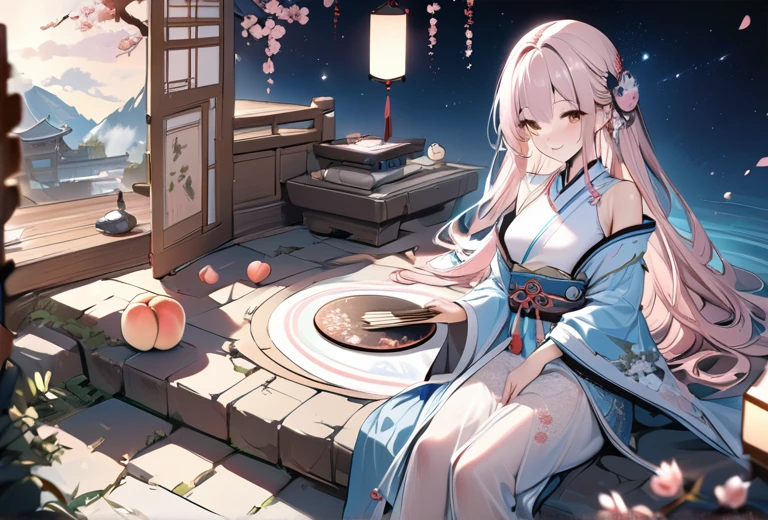 ((masterpiece, best quality)),illustration,Ultra detailed 8k,Reality,Clear focus,Very detailed,Professional lighting,Colorful Detailed,Cute and beautiful girl,Light pink long hair,Peach blossoms in full bloom,dream,Sit at a stone table,A smile,The Starry Sky,Holding an embroidered round fan,Ancient Chinese clothing