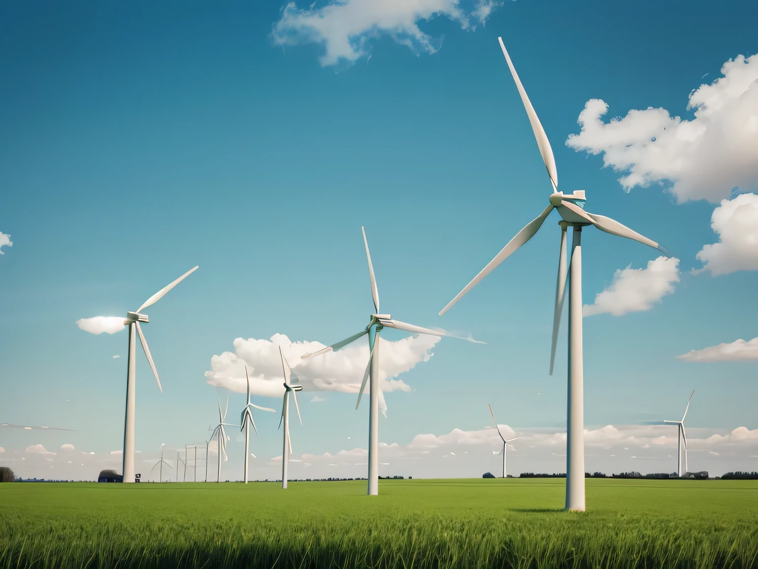 4-5 wind turbine in green field with one in full focus and close with camera, with lot of trees , with electric wire lines and poles., highly detailed. angle should be 10 degree, 1920*1080 size