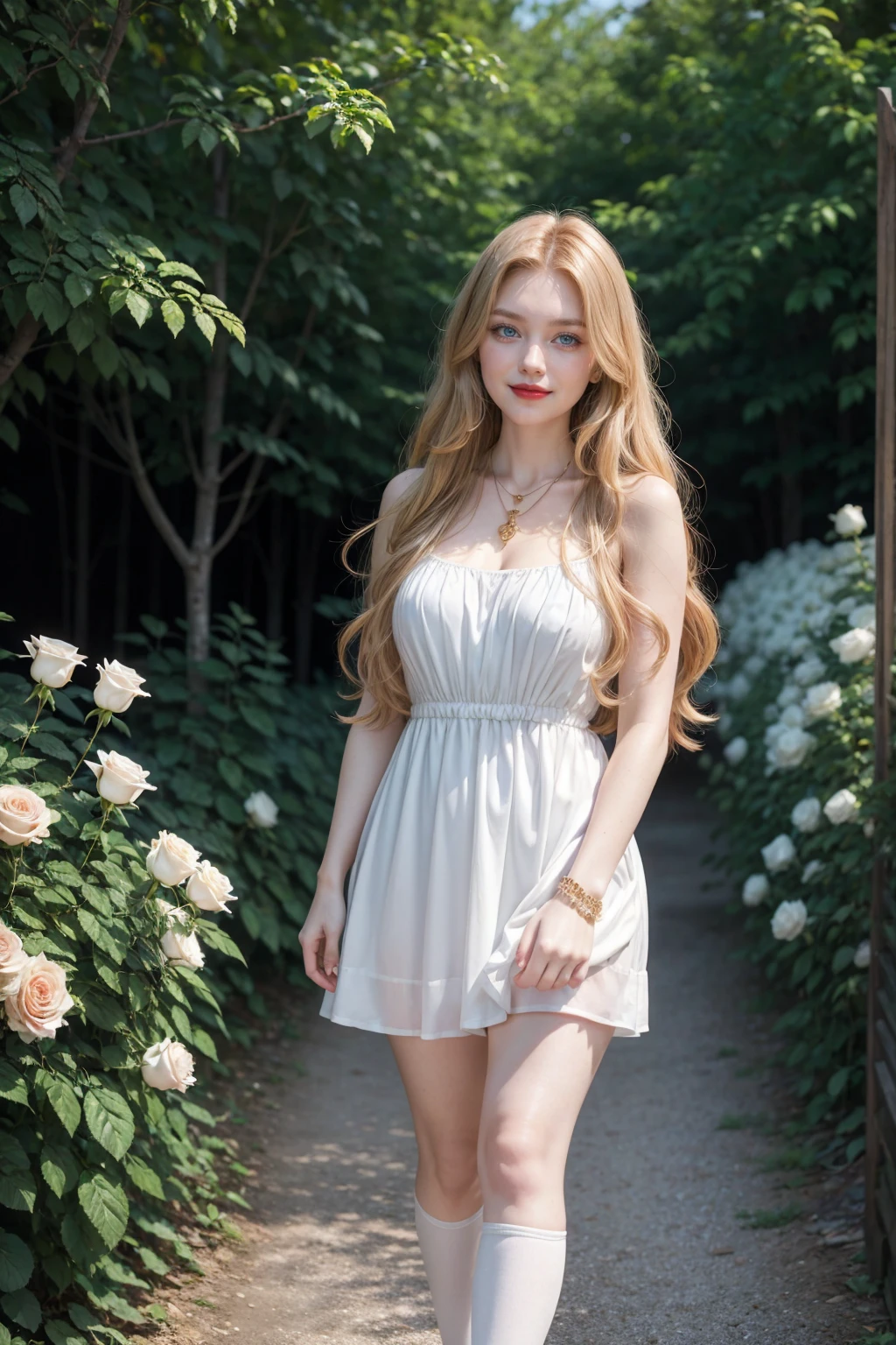 masutepiece, Best Quality, Intricate details, Gorgeous blonde elf woman, (Mint Eyes), Celestine Lucullus, Perfect Anatomy, Perfect face:1.1), ((Huge breasts!!!!!!)),(huge-breasted!!!!), White One Piece Uniform, Sharp Focus, ((Solo:1.4), (Full body shot), Looking at Viewer, Ultra-high definition, (1girl in:1.4), Extremely detailed illustration, Smooth, Very pixel perfect, Detailed background, art by wlop and ross tran, forest, Seductive,venusbody