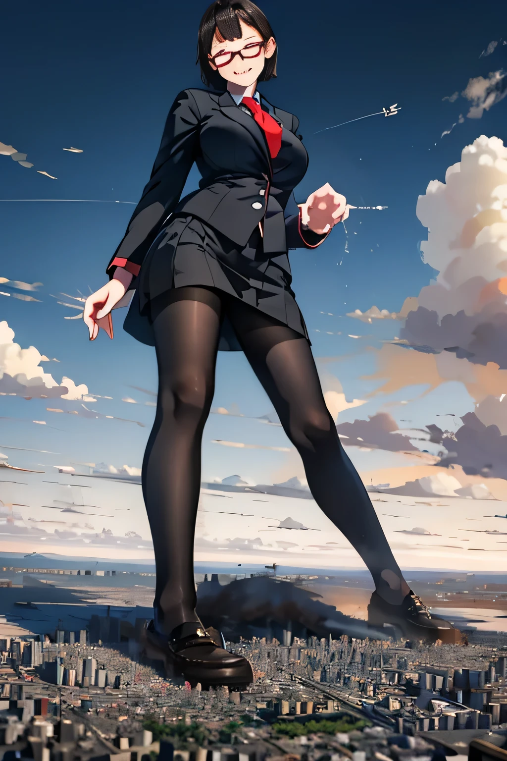 giantess art, highly detailed giantess shots, giantess, Two legs, Five fingers, short hair, A gigantic high school girl who is taller than a skyscraper, Wearing rimless glasses, smile, Big Breasts, Navy blazer, Red tie, mini skirt, Black Pantyhose, black pantyhose, no shoes on, toes visible through pantyhose, Steam coming out from the soles of my feet, Destroying cities, A very small big city, Miniature metropolis, Full body description, GTS, giga giantess, stomping city, crash city, tiny city, micro city, pantyhose feet, High resolution, highest quality, masterpiece, peeing self