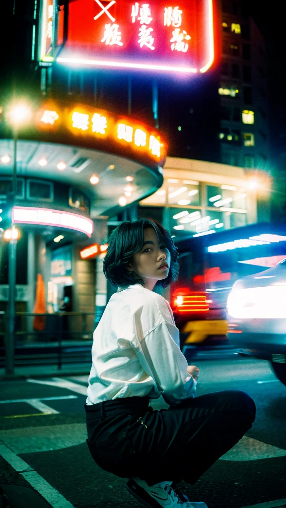 Masterpiece, (best quality:1.4), ultra high res, master photography, professional color grading, depth of fields, rule of third, 50mm, film grain, aoft lighting, (photorealistic:1.4), cinematic lighting, chromatic abberation, 1girl, short hair, techwear, streetwear, hypebeast, detailed face, detailed eyes, squat, looking at viewer, front view, cowboy shot, Hong Kong street background, night, city light, blurry background, sfw