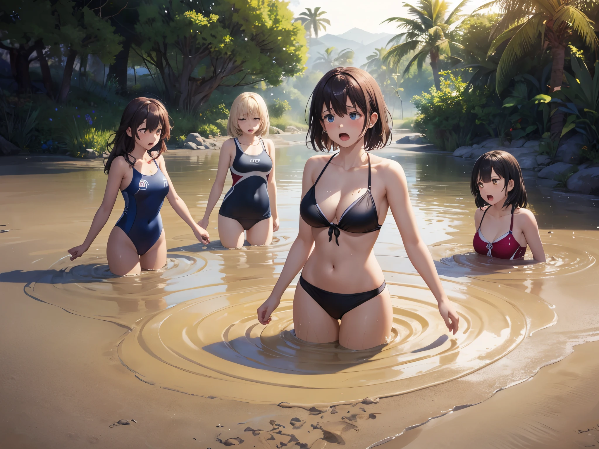 NSFW, (4+girls:1.5), (nude), tanned skin, dark tanned skin, oil, (muscular:0.7), thin waist, (abs:1.3), tan lines, medium breast, dynamic poses, lesbian interactions, sexual interactions, 20 years old girls playing together, removing clothes, strip tease, sexual tension, squeezing boobs, grabbing ass, masterpiece, top quality, ultra high definition, highest resolution, very detailed, perfect face, professional lighting, clean skin, CG illustration, slender, very cute, young face, underboob, cleavage, lower breast, wet body, (breasts out:1.4), different hair colors, short hair, pixie haircut, semi-long hair, different hair cuts, hair ribbon, blush, navel, point of view from behind, from below, wet body, (breasts out: 1.4), (plastic bag 1.2), transparent swimsuit, beach, water, sun, sand, beach-volley, (wind: 1.3), girls playing behind, showing ass, perfect ass, black necklace choker, nude, naked, lifting jacket, saturated colors