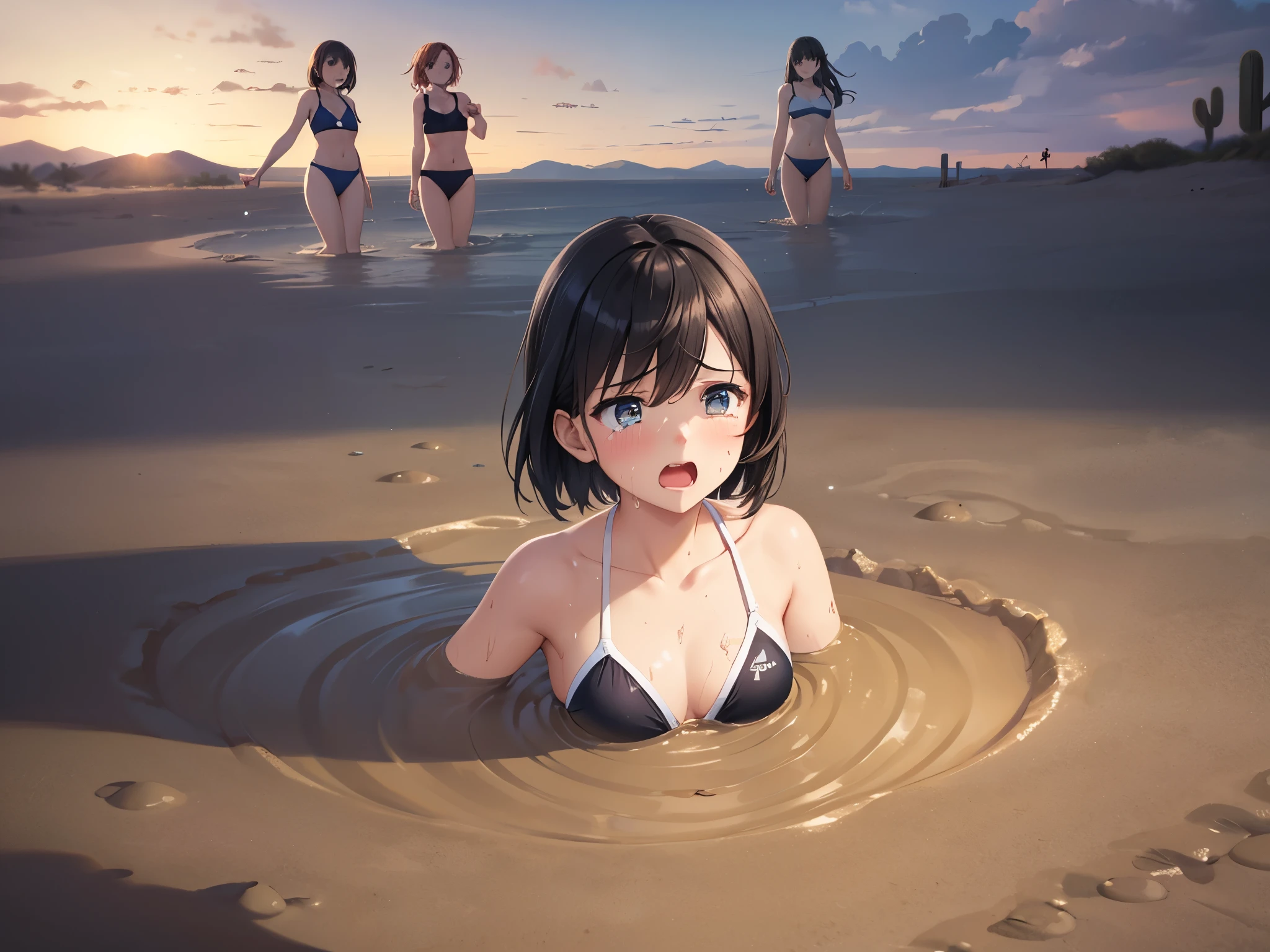 masterpiece, great quality, ultra detail, illustration, game cg, (5girls), (multiple girls), collarbone, (upset), swimsuit, desert, ((quicksand)), screaming, group submerged, 5 girls sinking, sand, tears, drowning, waist deep, struggling