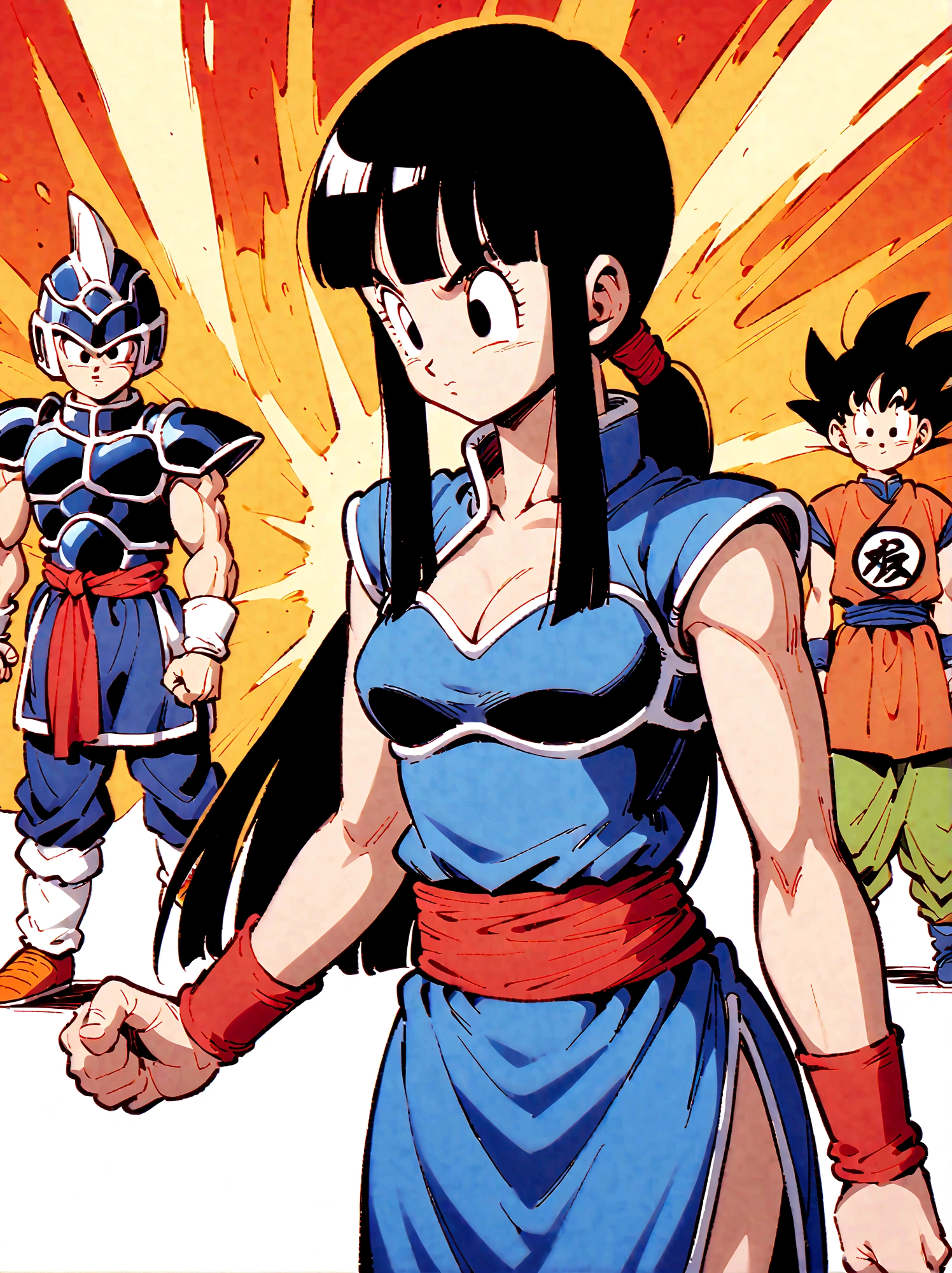 Dragon Ball, chi chi, black eyes, black hair, long hair, hime cut, blunt bangs, sidelocks, armor, bikini armor, cape, collarbone, gloves, helmet, navel, pauldrons, shoulder armor, cleavage, bare arms, blue dress, china dress, chinese clothes, dress, high collar, obi, pants, ponytail, red pants, red sash, red wristband, sash, side slit, sleeveless, sleeveless dress, wristband，Looking at the audience，Dynamic poses，fighting，Explosion，Explosion Background，Martial arts tournament background