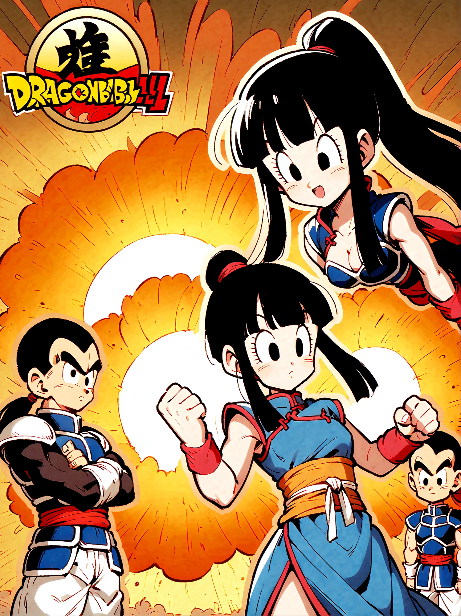 Dragon Ball, chi chi, black eyes, black hair, long hair, hime cut, blunt bangs, sidelocks, armor, bikini armor, cape, collarbone, gloves, helmet, navel, pauldrons, shoulder armor, cleavage, bare arms, blue dress, china dress, chinese clothes, dress, high collar, obi, pants, ponytail, red pants, red sash, red wristband, sash, side slit, sleeveless, sleeveless dress, wristband，Looking at the audience，Dynamic poses，fighting，Explosion，Explosion Background，Martial arts tournament background