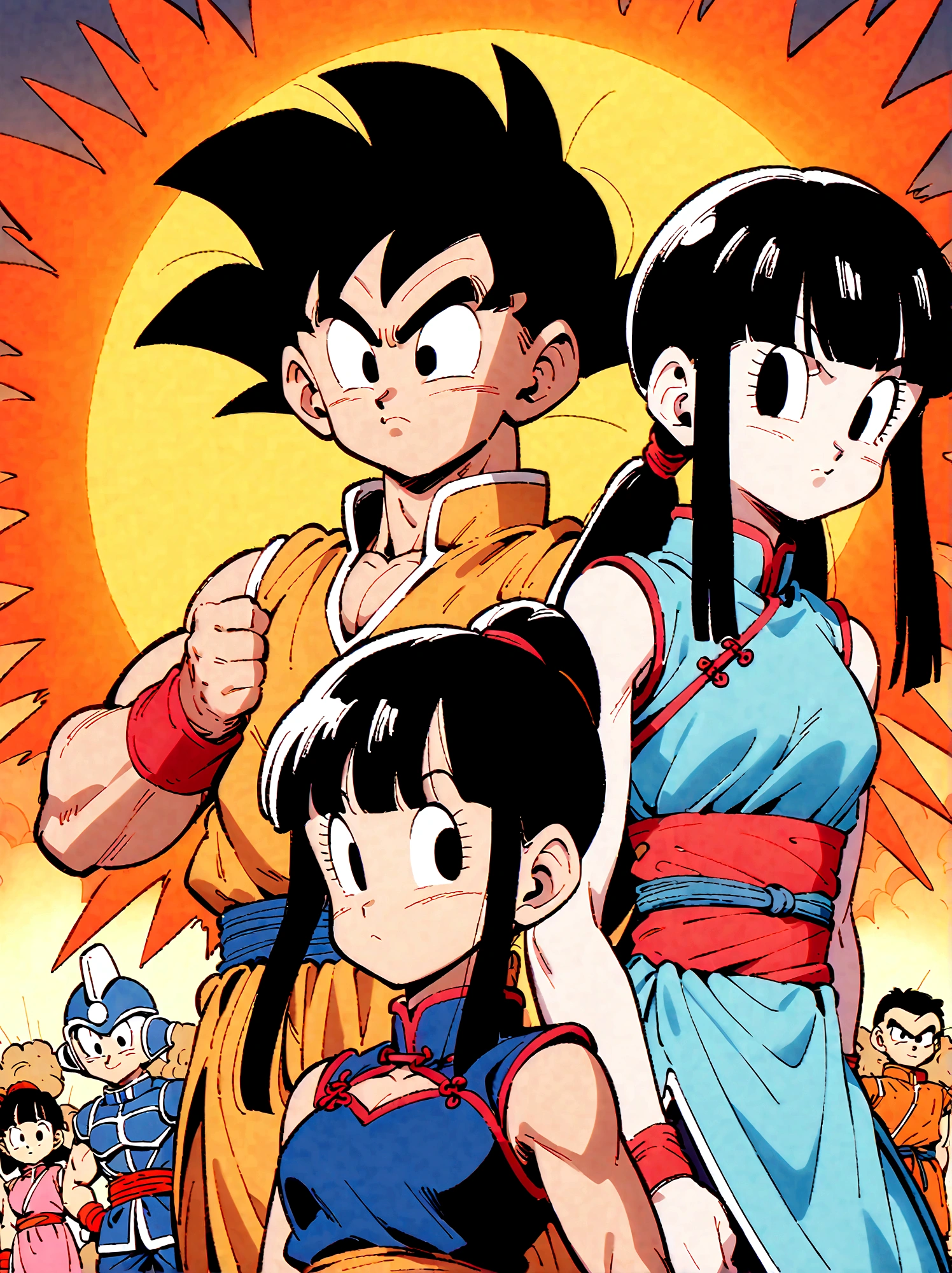 Dragon Ball, chi chi, black eyes, black hair, long hair, hime cut, blunt bangs, sidelocks, armor, bikini armor, cape, collarbone, gloves, helmet, navel, pauldrons, shoulder armor, cleavage, bare arms, blue dress, china dress, chinese clothes, dress, high collar, obi, pants, ponytail, red pants, red sash, red wristband, sash, side slit, sleeveless, sleeveless dress, wristband，Looking at the audience，Dynamic poses，fighting，Explosion，Explosion Background，Martial arts tournament background