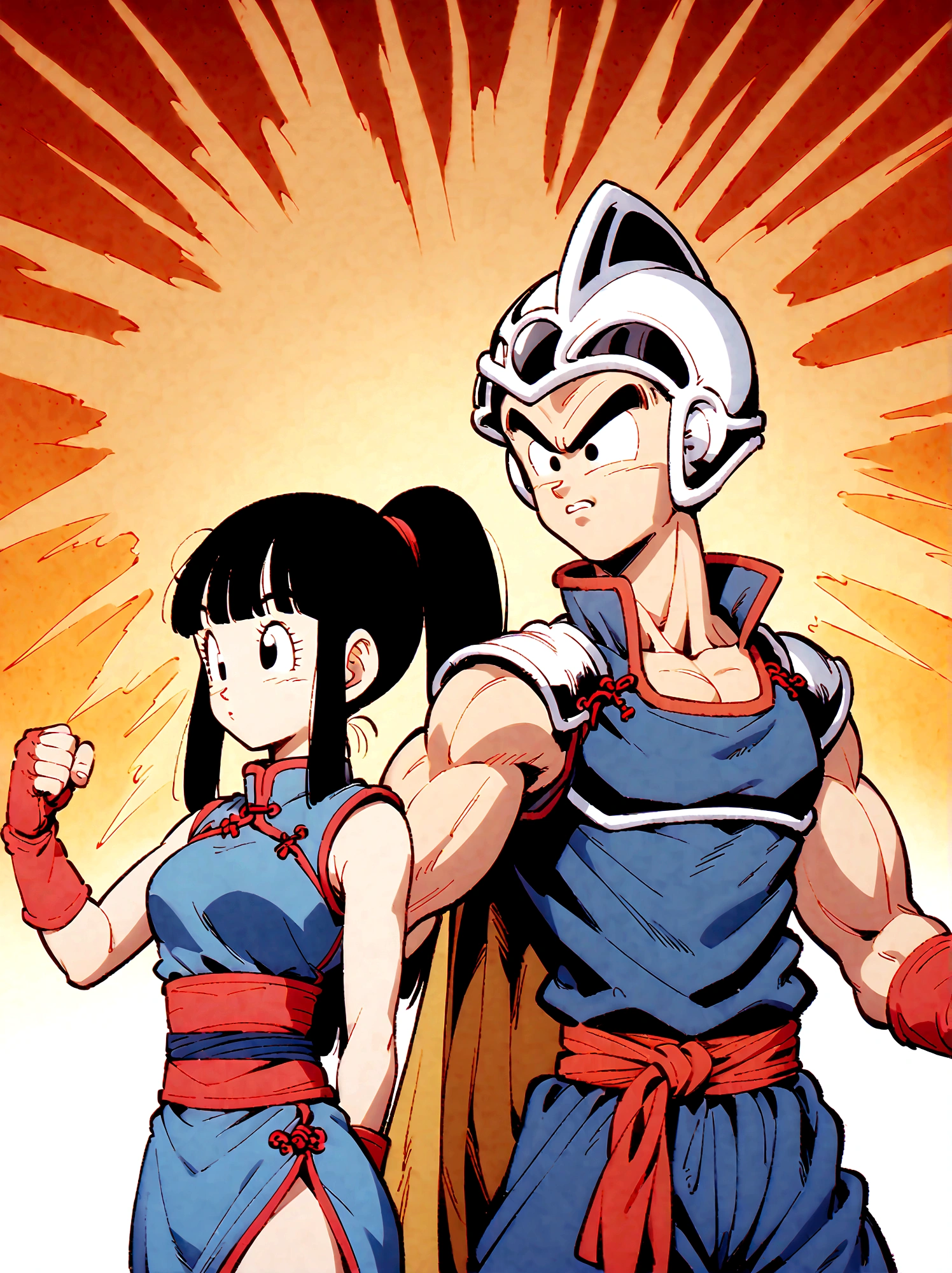 Dragon Ball, chi chi, black eyes, black hair, long hair, hime cut, blunt bangs, sidelocks, armor, bikini armor, cape, collarbone, gloves, helmet, navel, pauldrons, shoulder armor, cleavage, bare arms, blue dress, china dress, chinese clothes, dress, high collar, obi, pants, ponytail, red pants, red sash, red wristband, sash, side slit, sleeveless, sleeveless dress, wristband，Looking at the audience，Dynamic poses，fighting，Explosion，Explosion Background，Martial arts tournament background