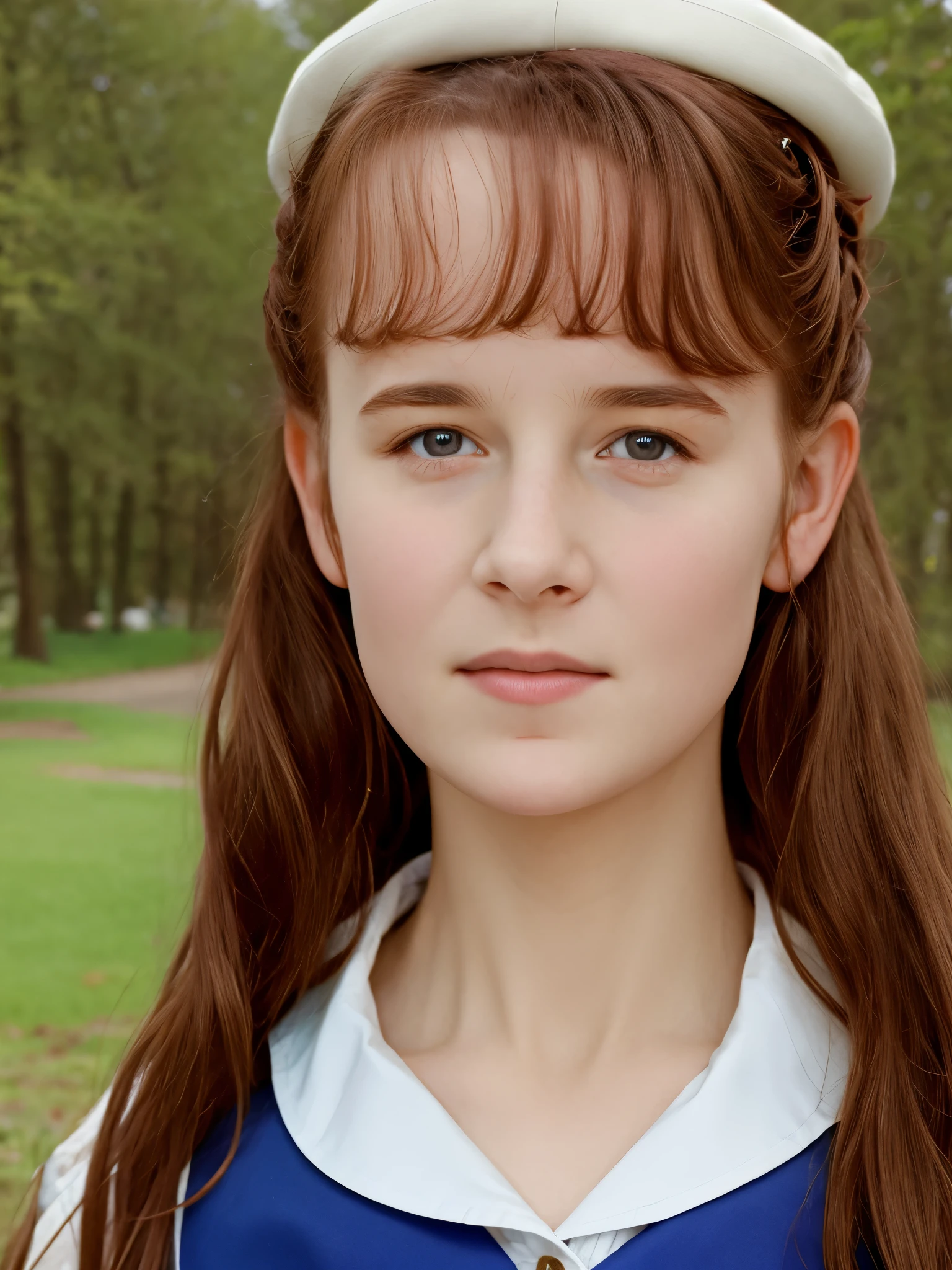 (best quality,4k,8k,highres,masterpiece:1.2),ultra-detailed,(realistic,photorealistic,photo-realistic:1.37), ((deutschland, mittelalter, nebliger bergwald, a young girl, she wears uniform, skirt, solo, shy)), ((very large bust size for her young age)), she wears beret, she wears no bra, braided red hair, pale skin
