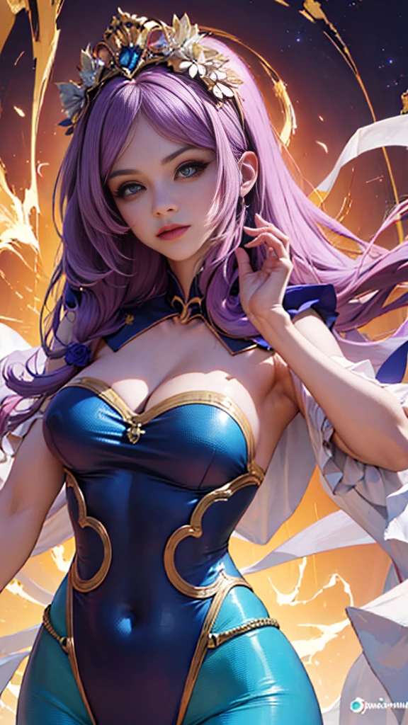 (mejor calidad, detallado, restoration of faces and hands, professional lighting) una mujer vestida con un body swimsuit color morado neon, en un entorno de una alberca, su cabello es color azul celeste y sus ojos color rosa muy brillante