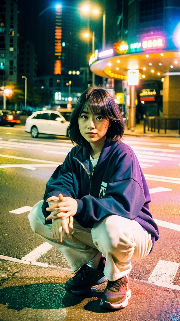 Masterpiece, (best quality:1.4), ultra high res, master photography, professional color grading, depth of fields, rule of third, 50mm, film grain, (photorealistic:1.4), cinematic lighting, chromatic abberation, 1girl, short hair, wearing oversized jacket, streetwear, hypebeast, detailed face, detailed eyes, squat, looking at viewer, front view, cowboy shot, Hong Kong street background, night, city light, blurry background, sfw