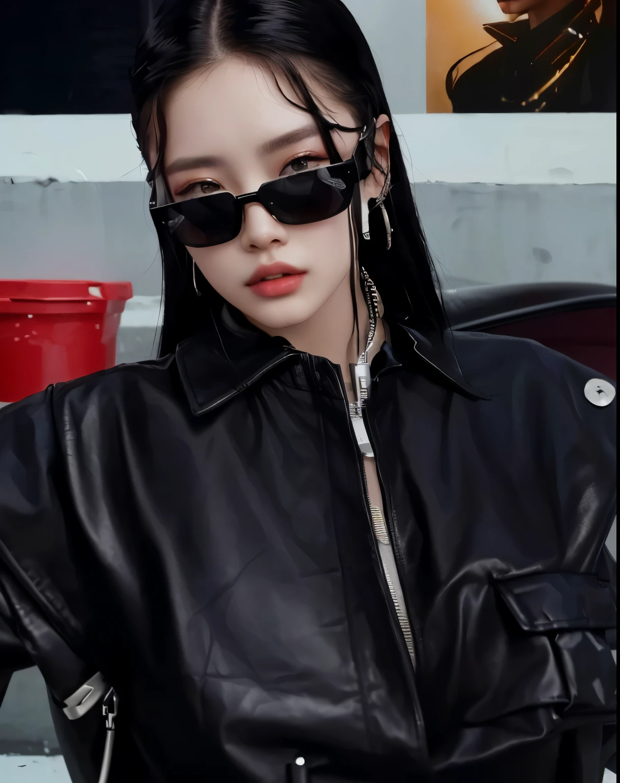 a woman wearing a black leather jacket and sunglasses standing in front of a wall, inspired by Sim Sa-jeong, inspired by Zhu Da, inspired by Kim Deuk-sin, realism artstyle, kda, inspired by Ion Andreescu, wearing cyberpunk streetwear, cruel korean goth girl, inspired by Jang Seung-eop