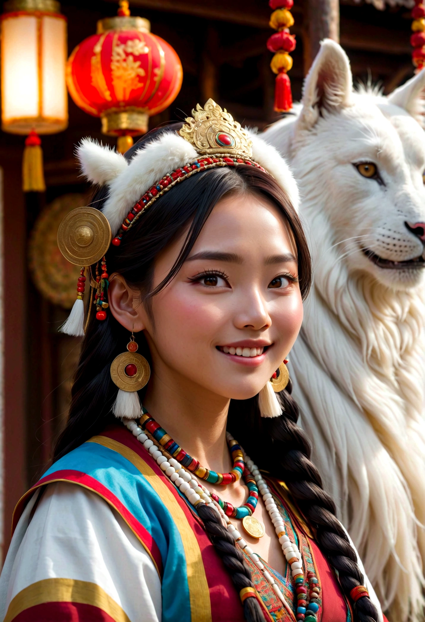 A girl, Long braids, Tibetan girl, close up, Raise your head slightly, Smile, Half-length photo, Upper Body, Appearance Yang Chaoyue, Gorgeous Tibetan costumes, Bulky necklace, Cumbersome Tibetan headdress, Fluff on clothes, White Animal Flu, Live-action CG, 甜美style, style, HD 4k