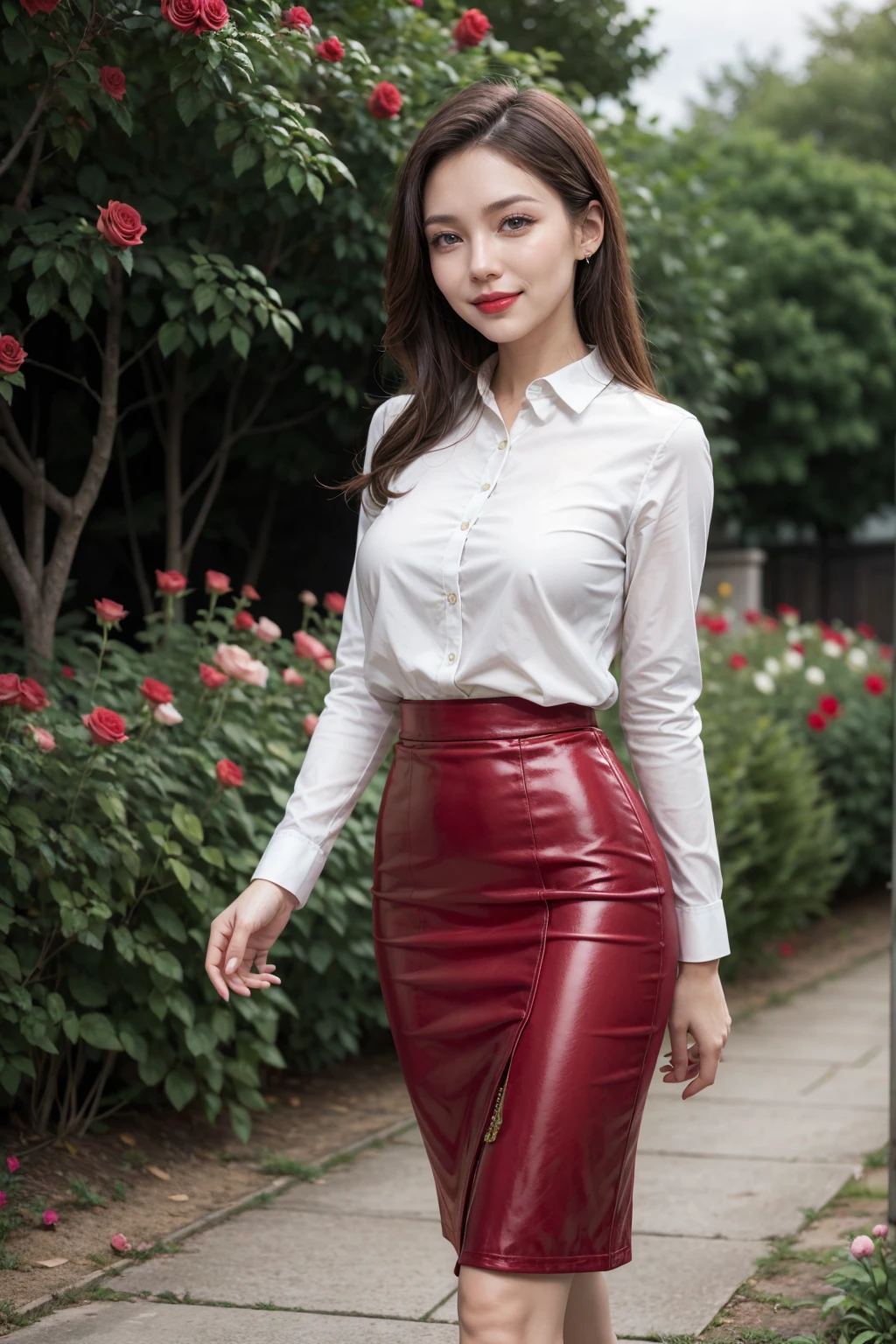 warm smile, woman, dominant, boss, glamour, pencil skirt, lovely, red lips,  walking, in a garden full of roses