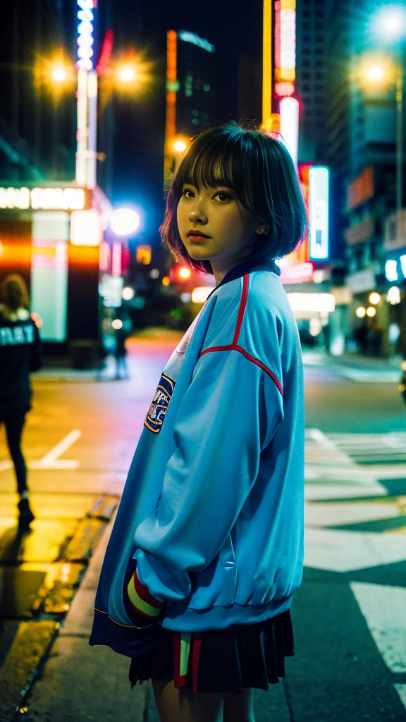 Masterpiece, (best quality:1.4), ultra high res, master photography, professional color grading, depth of fields, rule of third, 50mm, film grain, (photorealistic:1.4), cinematic lighting, chromatic abberation, 1girl, short hair, wearing oversized jacket, streetwear, hypebeast, detailed face, detailed eyes, squat, looking at viewer, front view, cowboy shot, Hong Kong street background, night, city light, blurry background, sfw