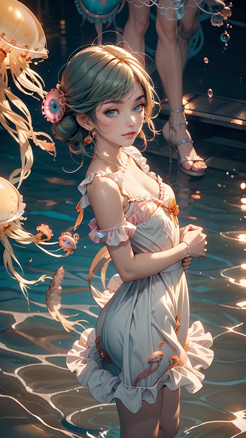 cute女の子、Yeah,Flat Chest,cute,(Jellyfish Girl:1.2), Put your arms behind your back,In the water,Ruffled Dress,sexy